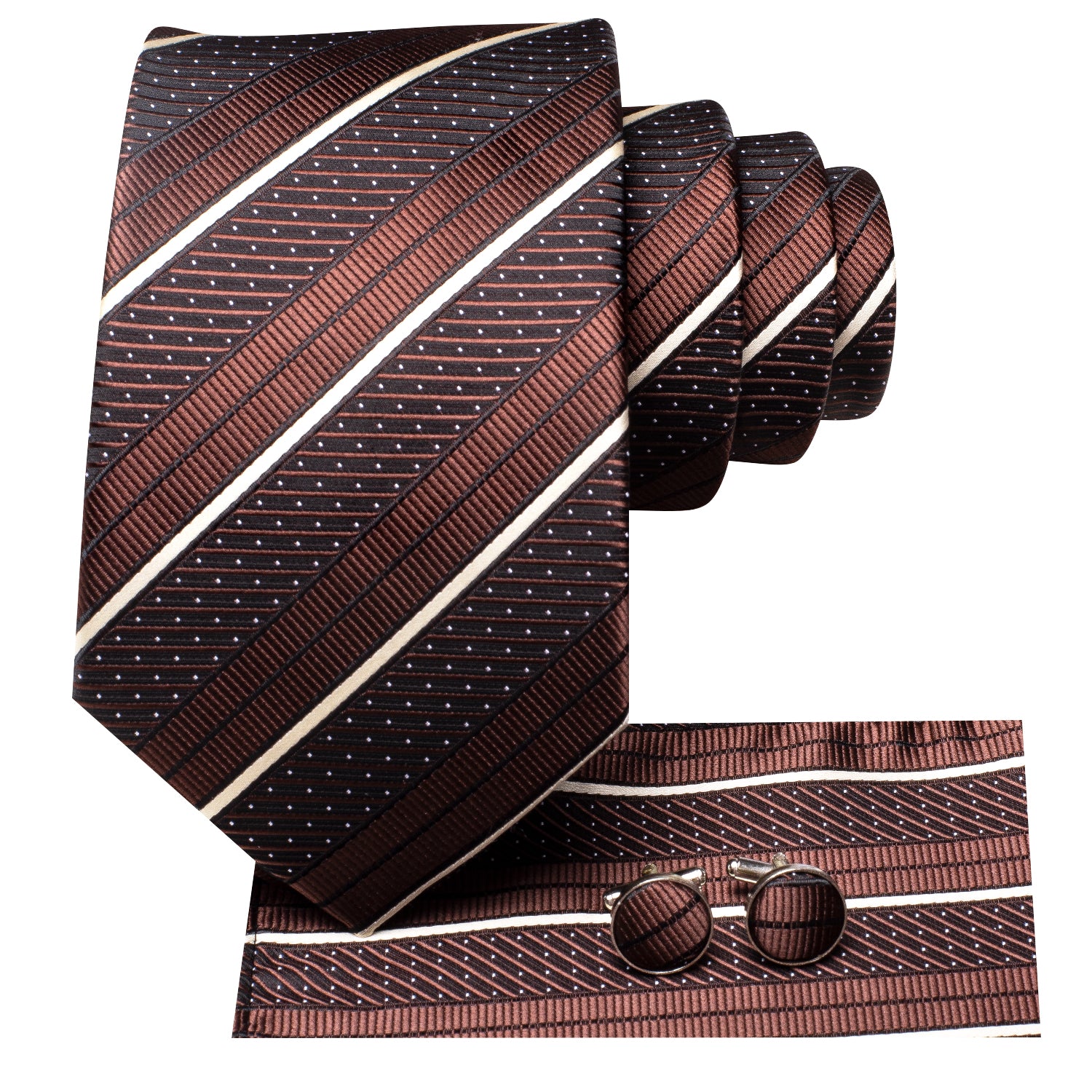 Brown White Strip Tie Pocket Square Cufflinks Set
