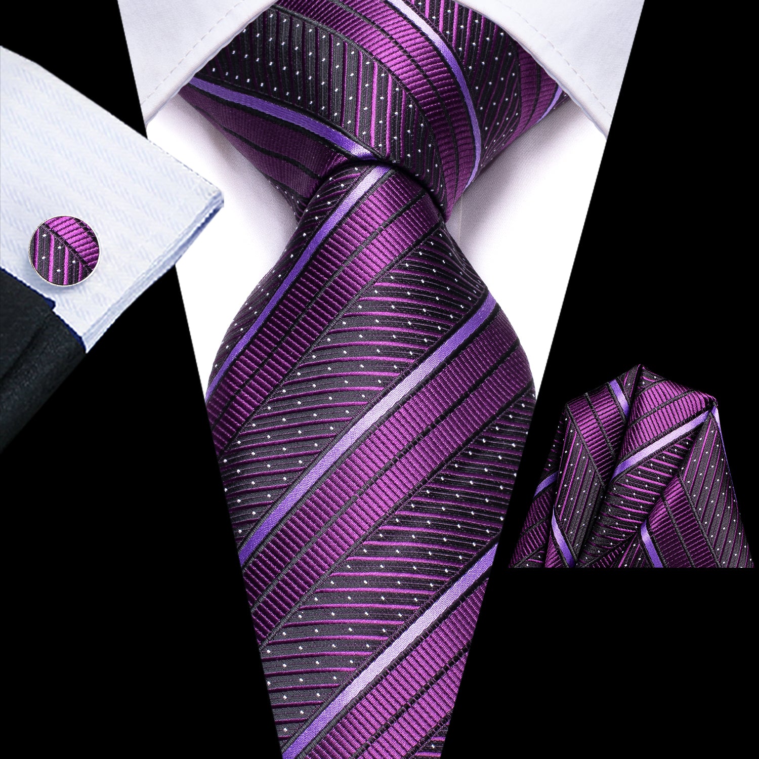 Purple White Strip Tie Pocket Square Cufflinks Set