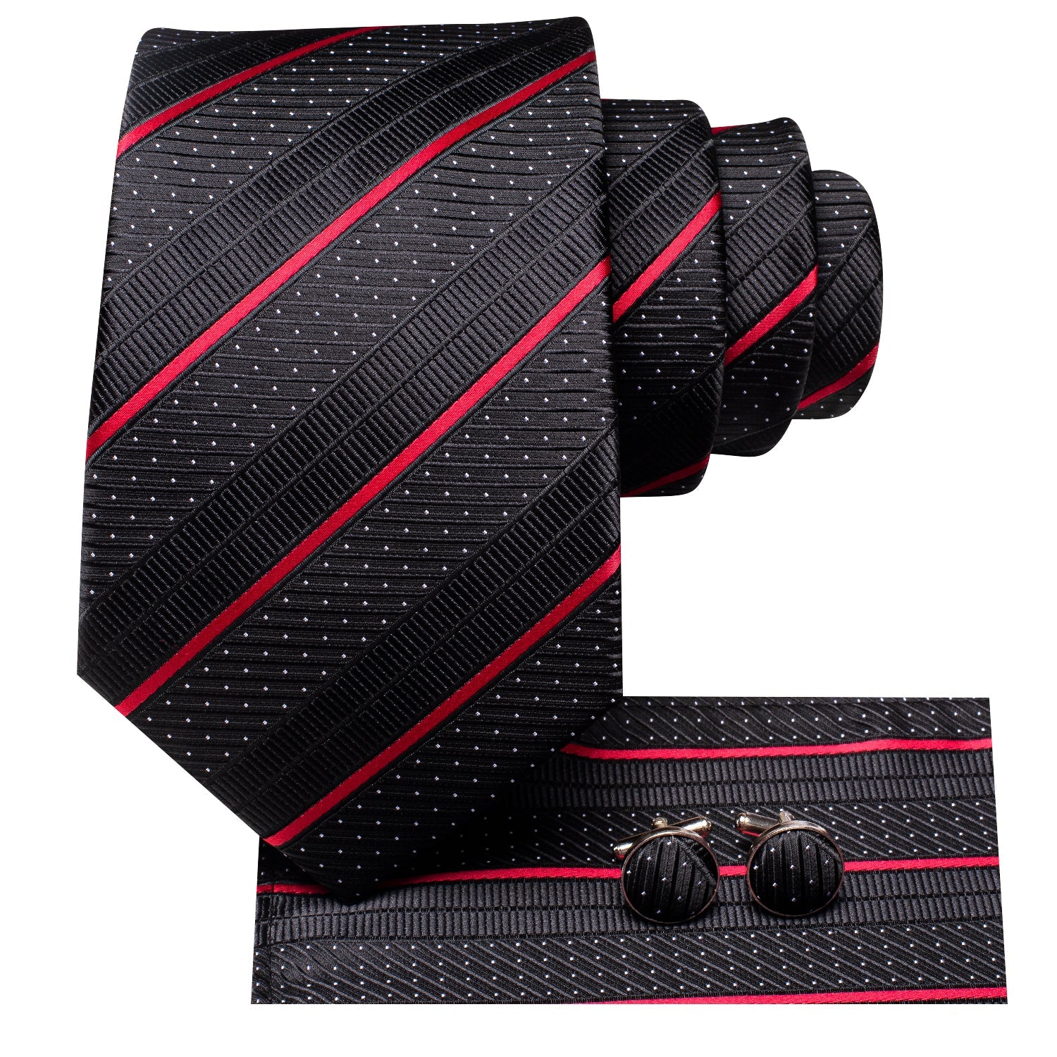 Black Red Strip 70 Inches Extra Long Tie Pocket Square Cufflinks Set