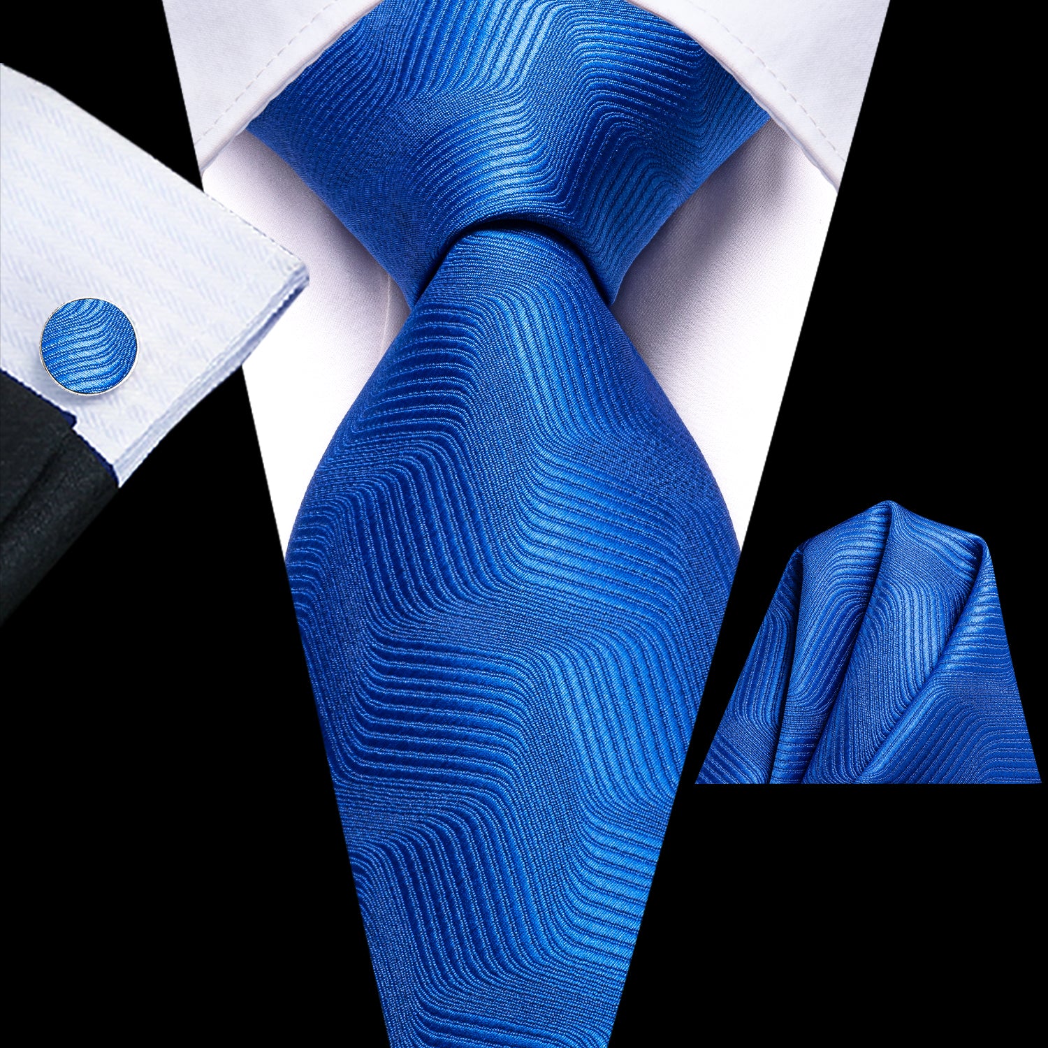 Royal Blue Strip Novelty Tie Pocket Square Cufflinks Set