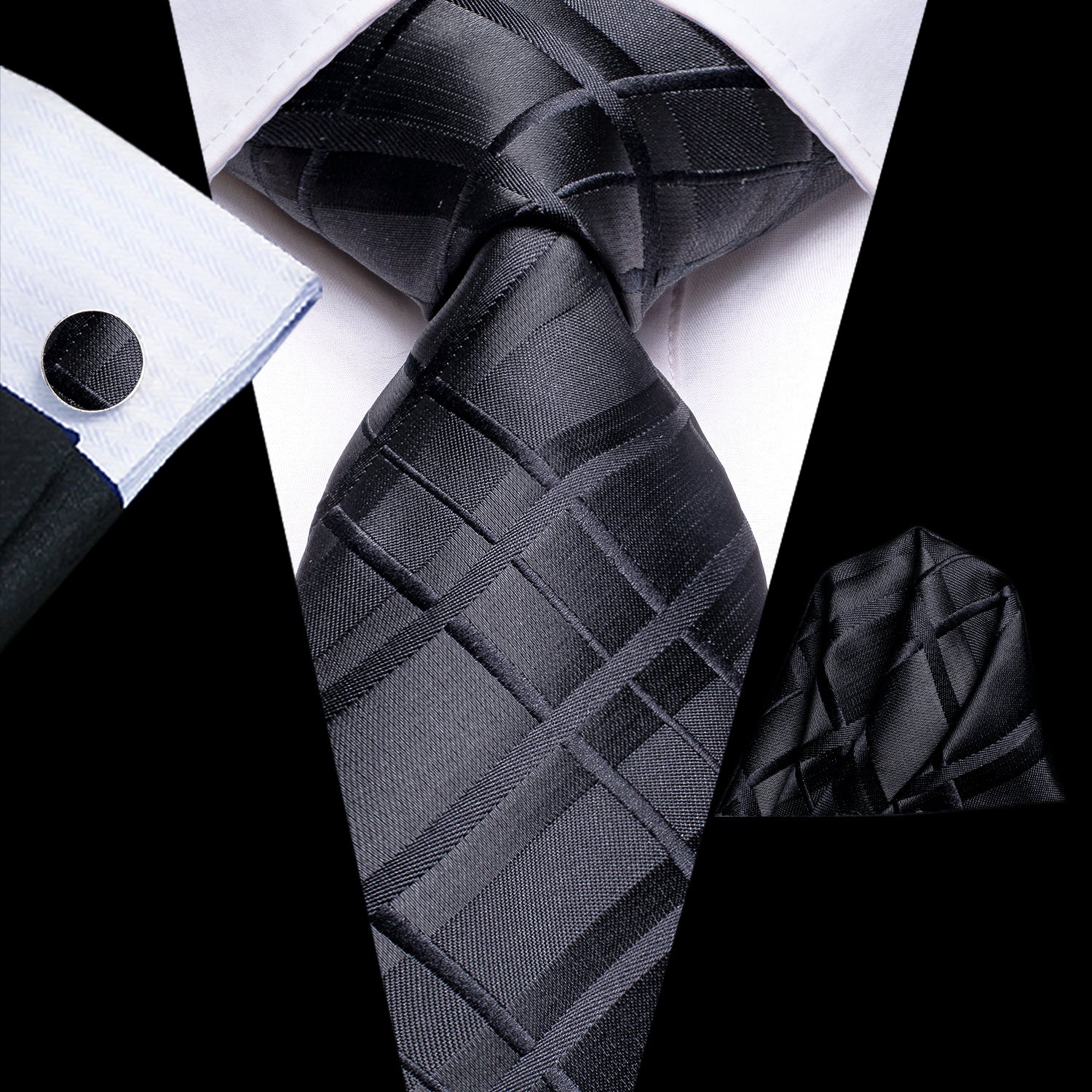 Black Plaid Novelty Silk Men's Necktie Pocket Square Cufflinks Set