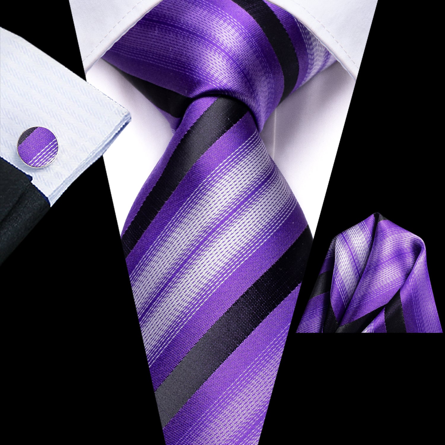 Purple Black White Strip Novelty Tie Pocket Square Cufflinks Set