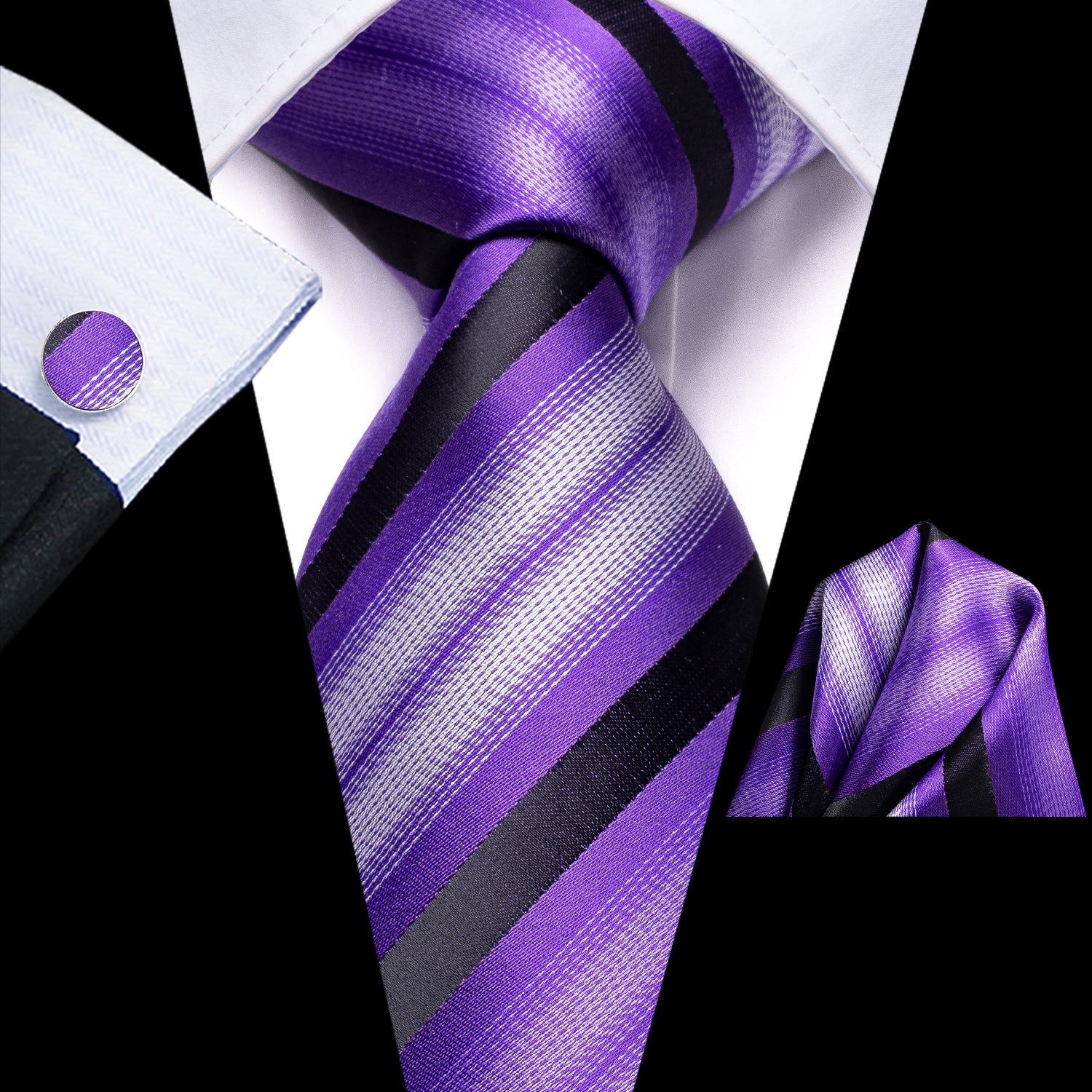 Purple Black White Striped Necktie Pocket Square Cufflinks Set