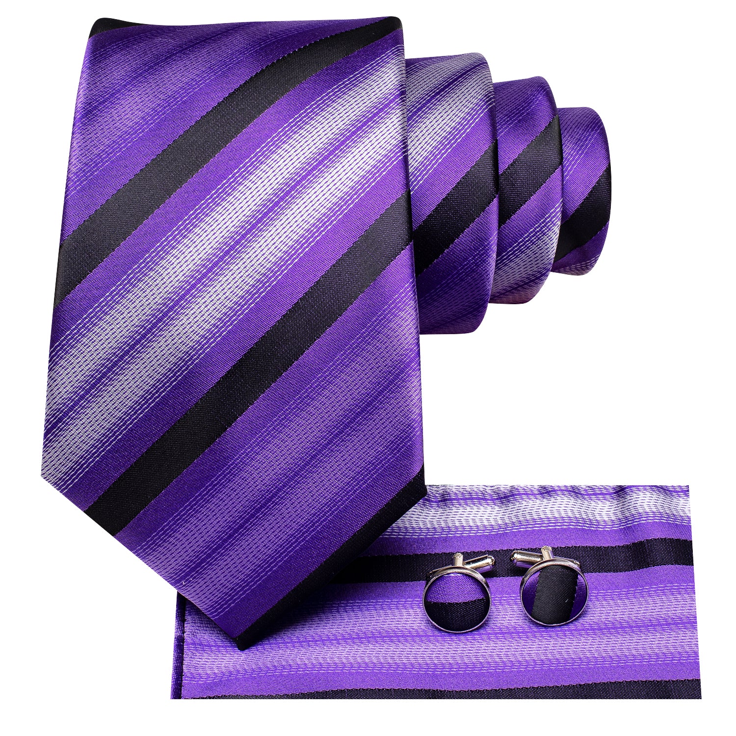 Purple Black White Striped Necktie Pocket Square Cufflinks Set