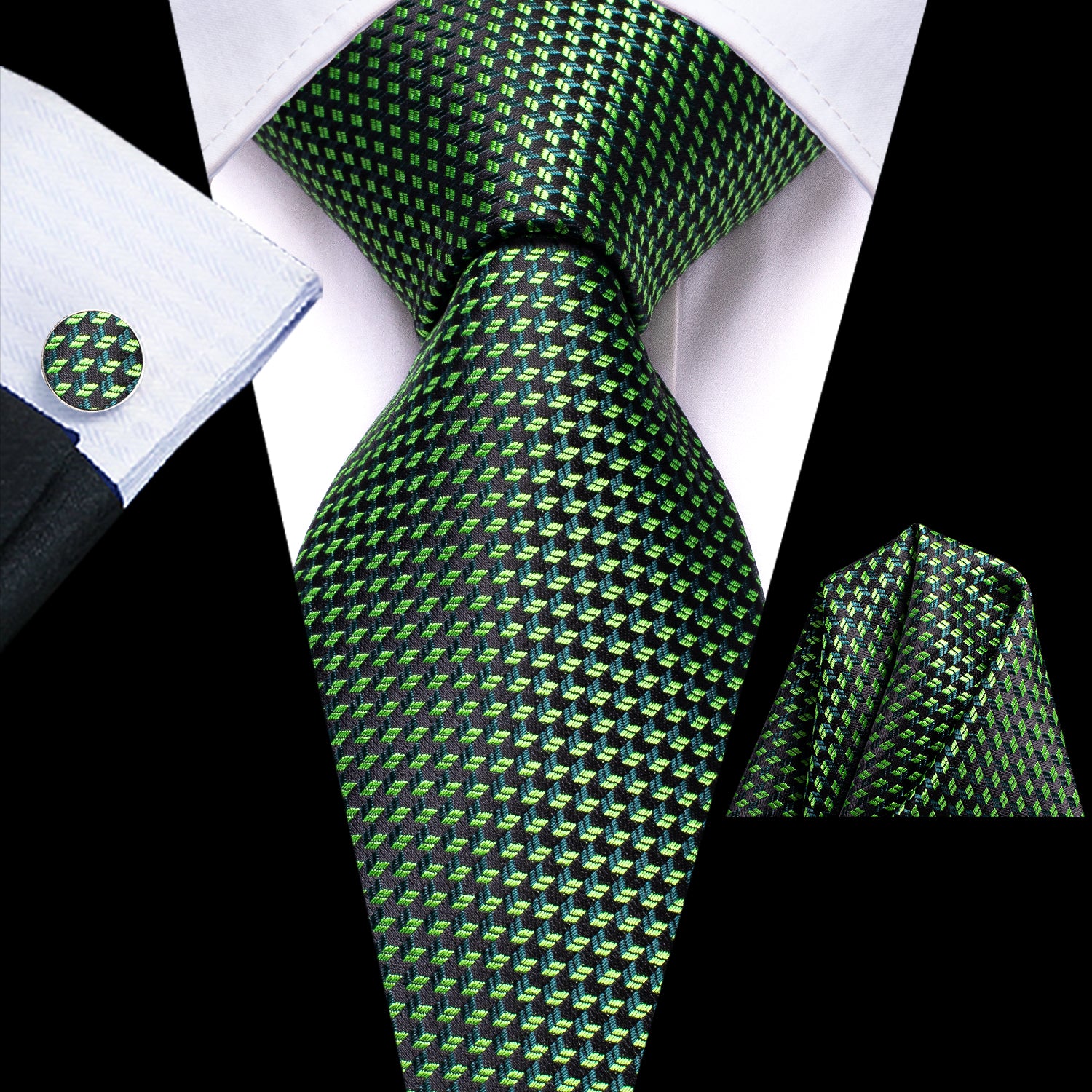 Dark Green Plaid Tie Pocket Square Cufflinks Set