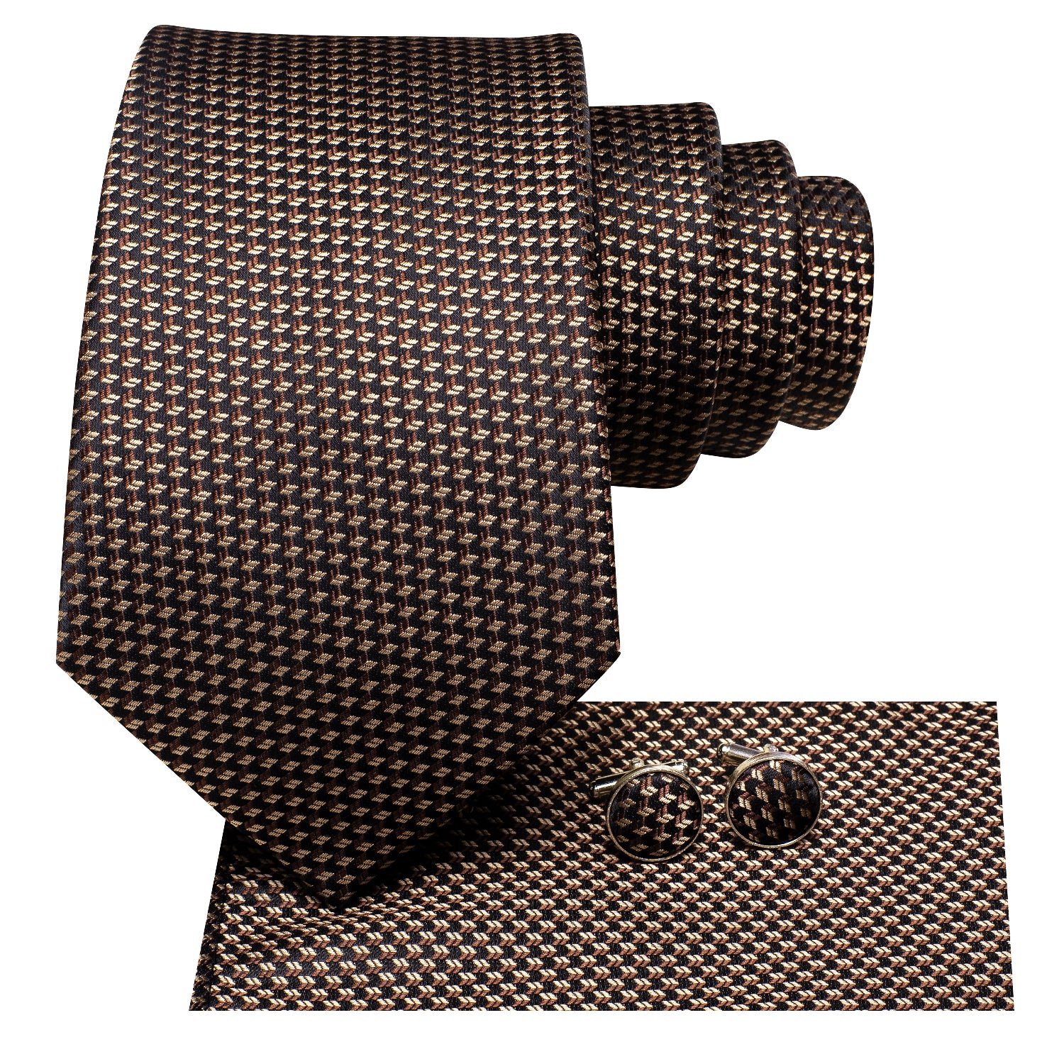 Dark Brown Plaid Tie Pocket Square Cufflinks Set