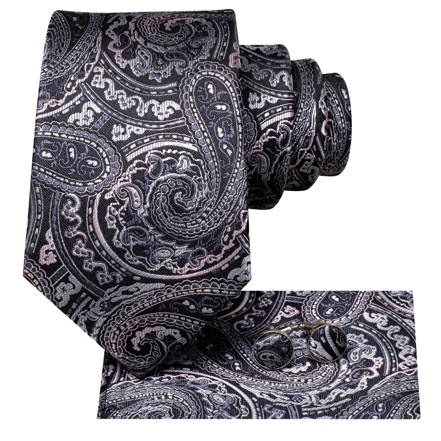 Black Grey Pink Paisley Tie Pocket Square Cufflinks Set