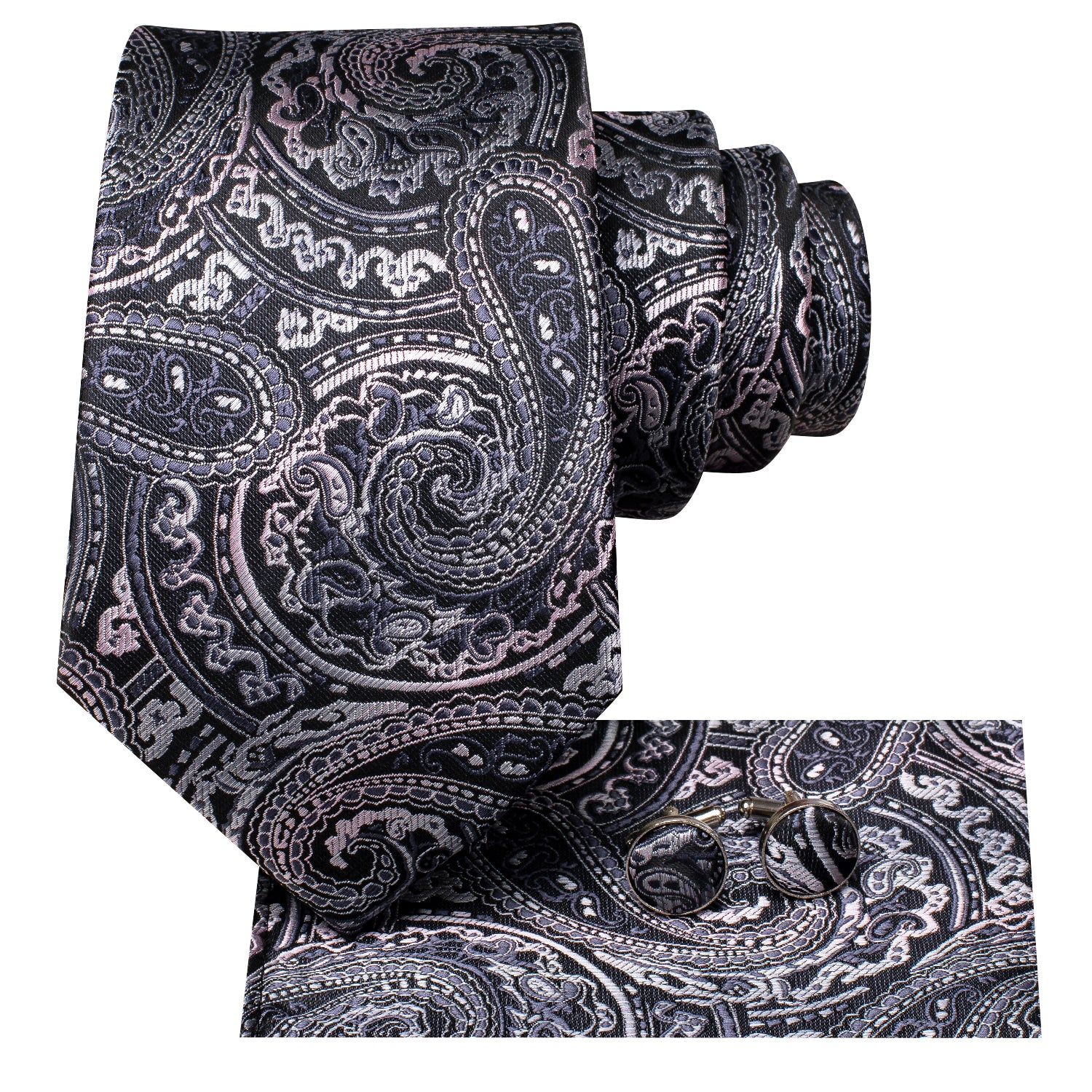 Black White Jacquard Paisley Tie Pocket Square Cufflinks Set