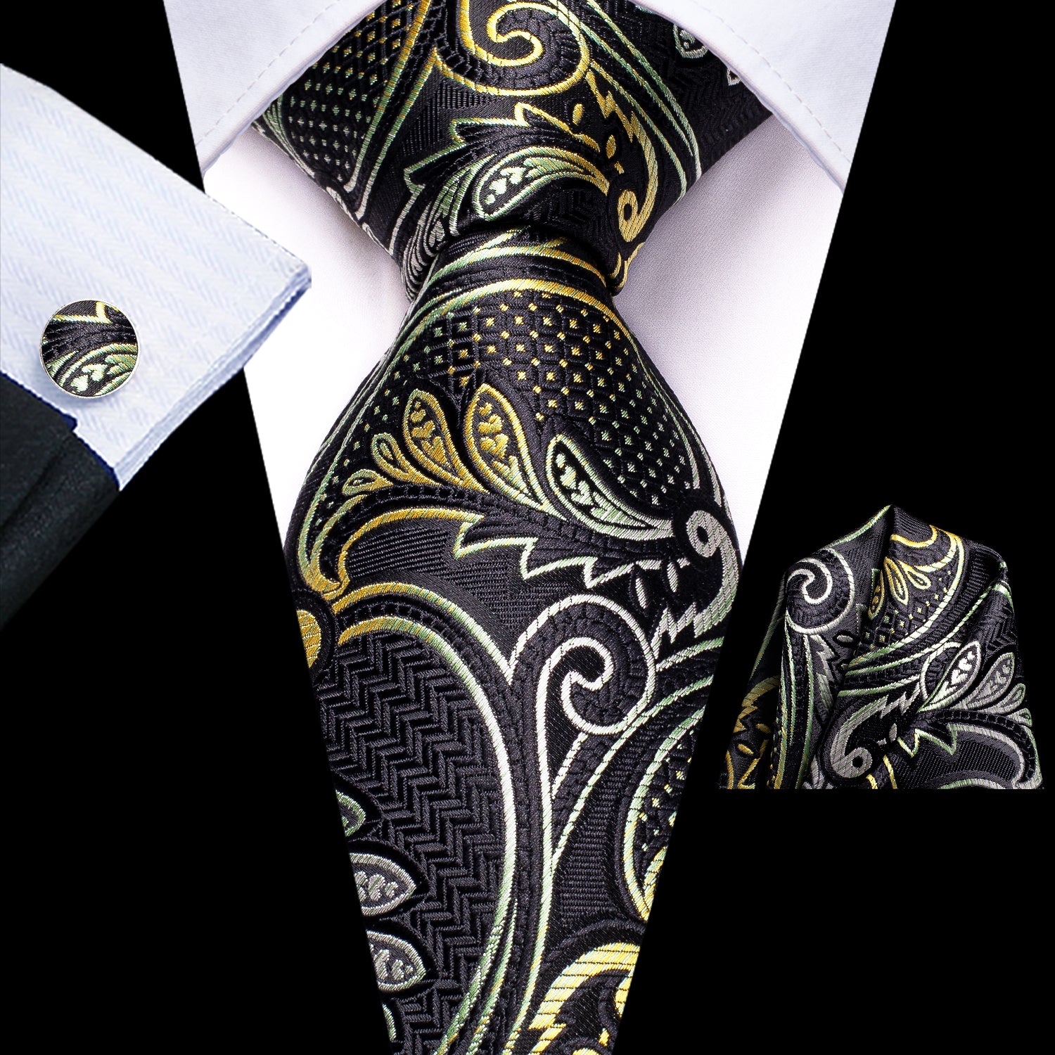 Black Grey Yellow Paisley Tie Pocket Square Cufflinks Set