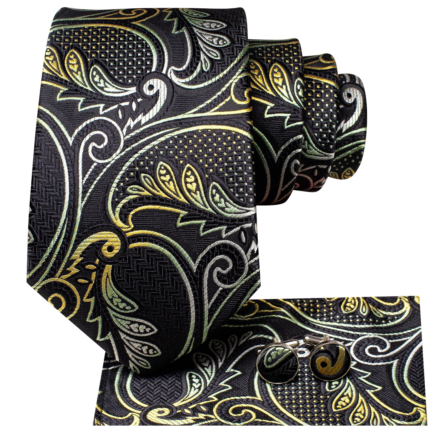 Black Grey Yellow Paisley Tie Pocket Square Cufflinks Set