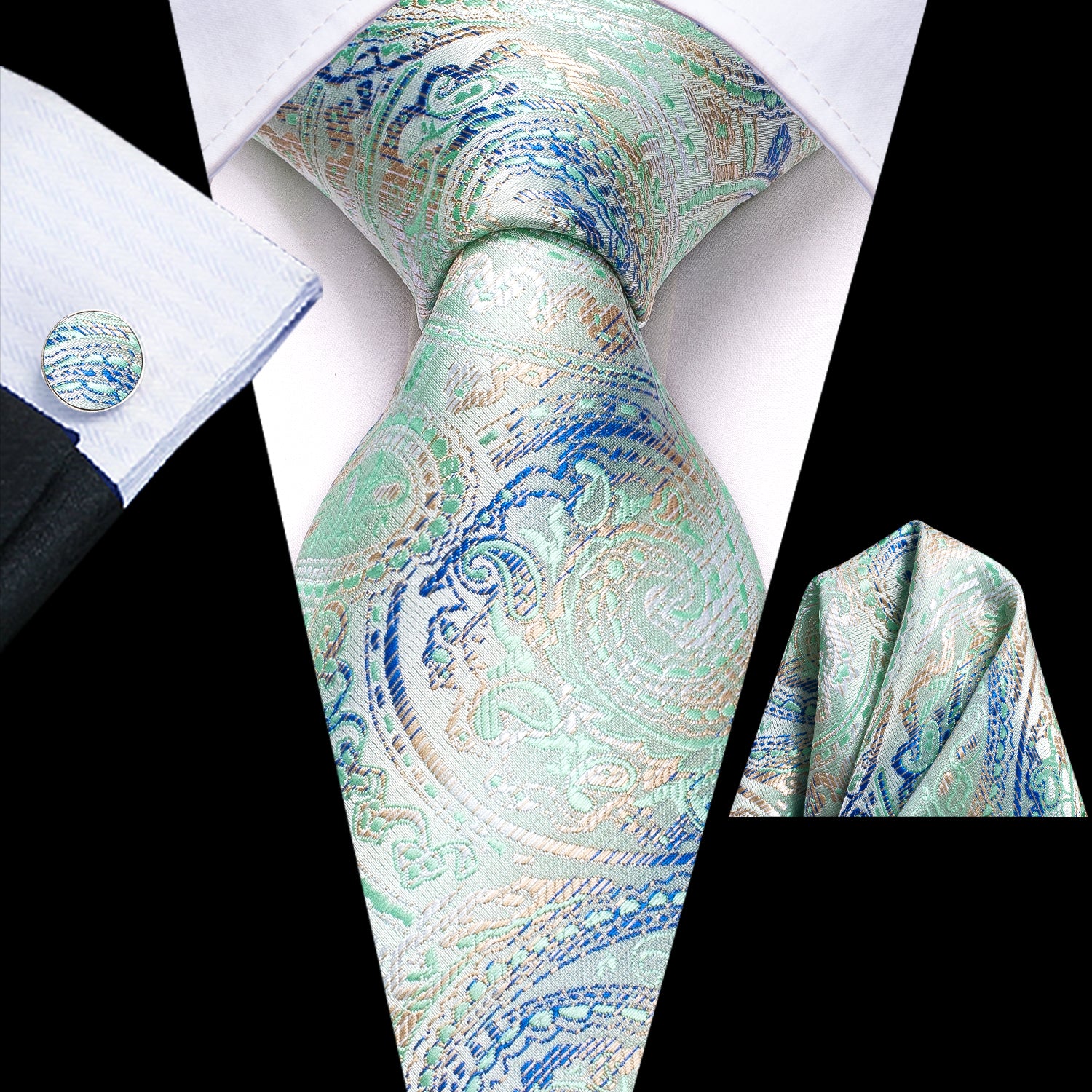 Mint Green Blue Paisley Men's Tie Pocket Square Cufflinks Set