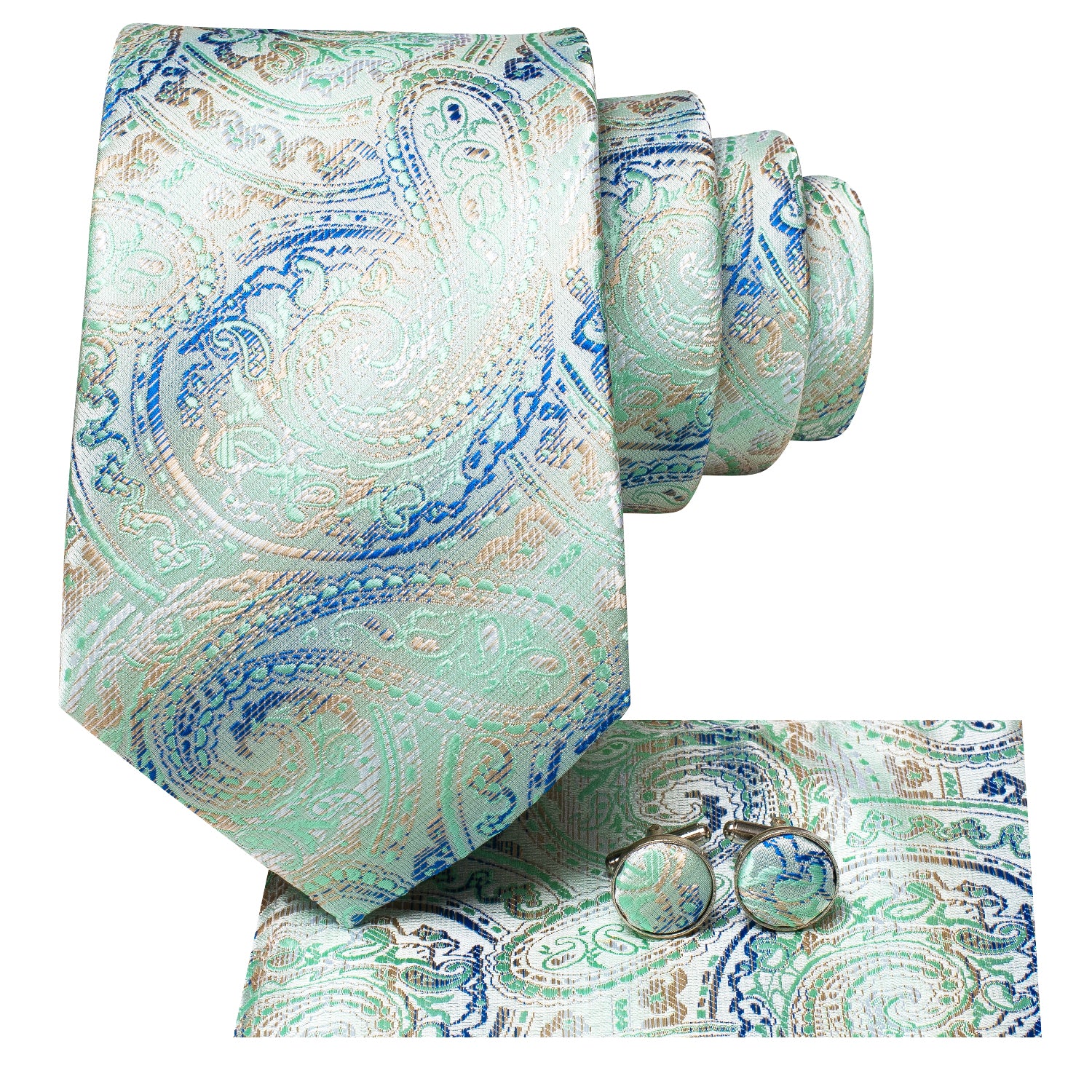 Mint Green Blue Paisley Men's Tie Pocket Square Cufflinks Set