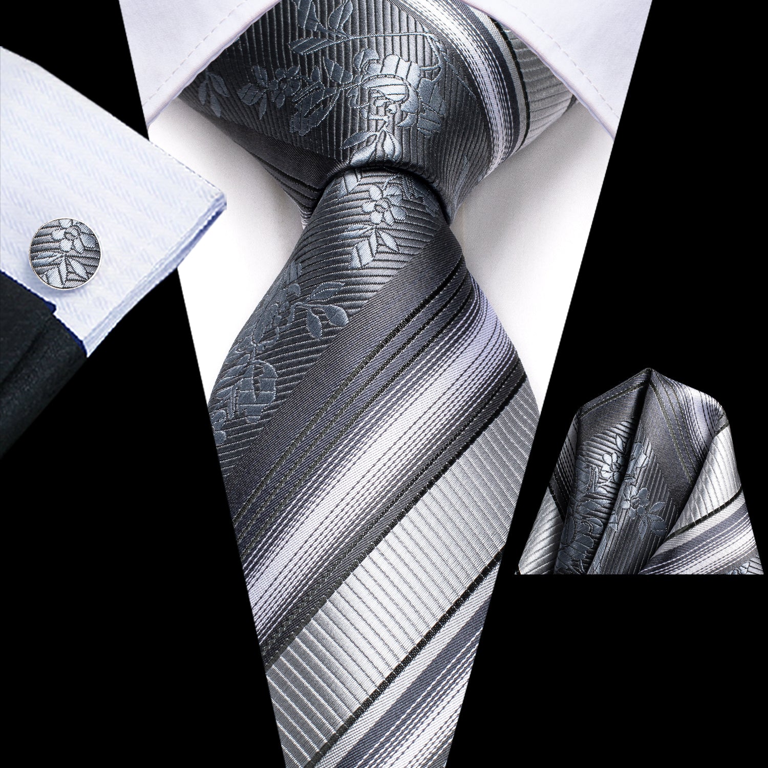 Grey Strip Floral Tie Pocket Square Cufflinks Set