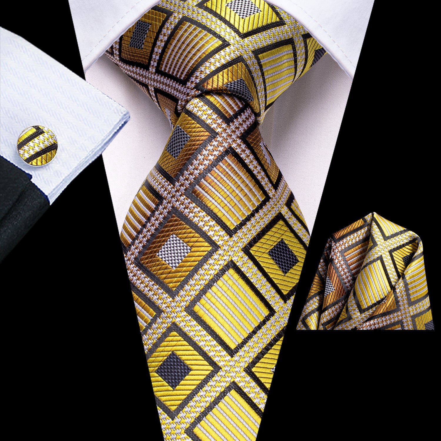 Hi-Tie Necktie Yellow Novelty Plaid Tie Pocket Square Cufflinks Set