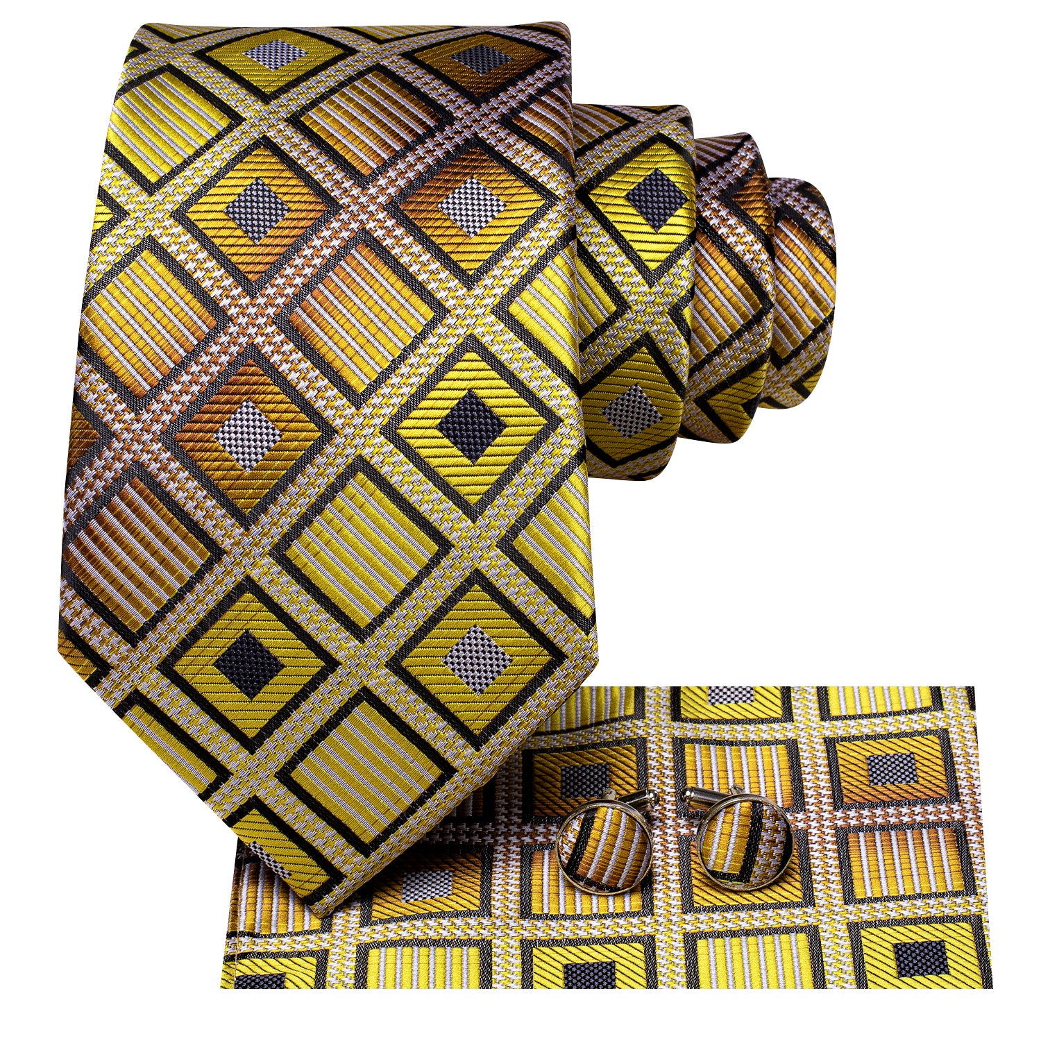 Yellow Novelty Plaid Tie Pocket Square Cufflinks Set