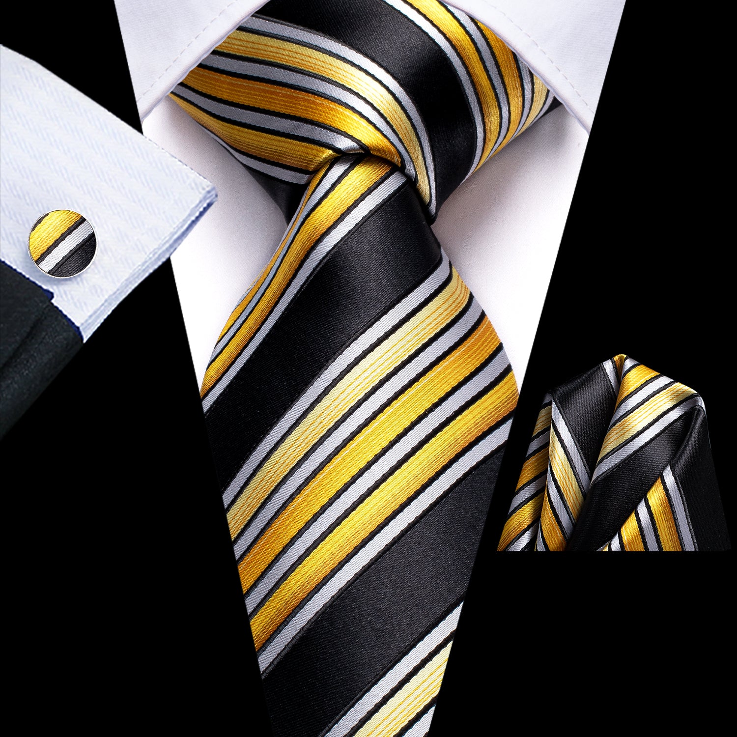 Black Yellow White Strip Tie Pocket Square Cufflinks Set