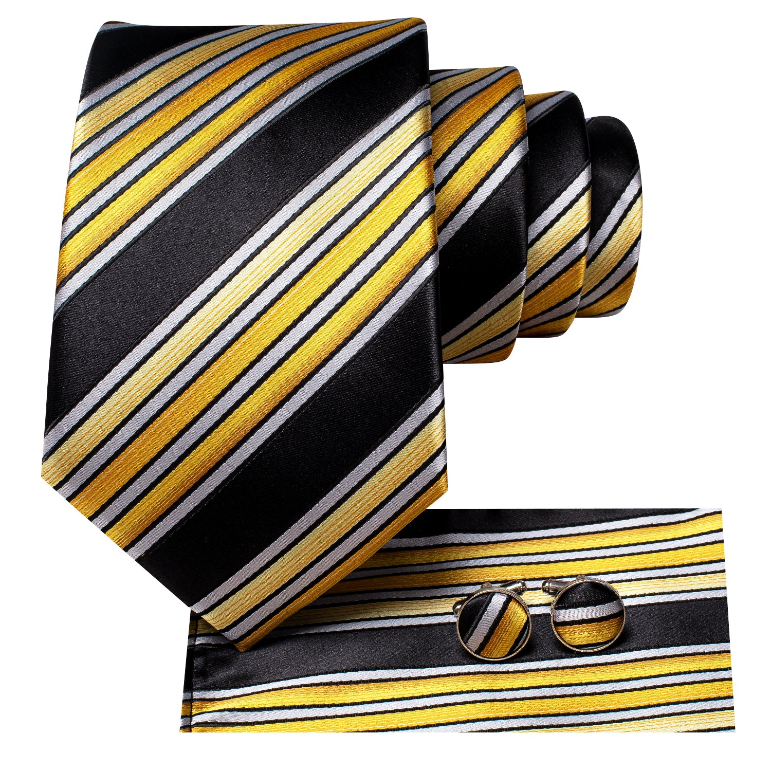 Black Yellow White Striped Neck Tie Pocket Square Cufflinks Set