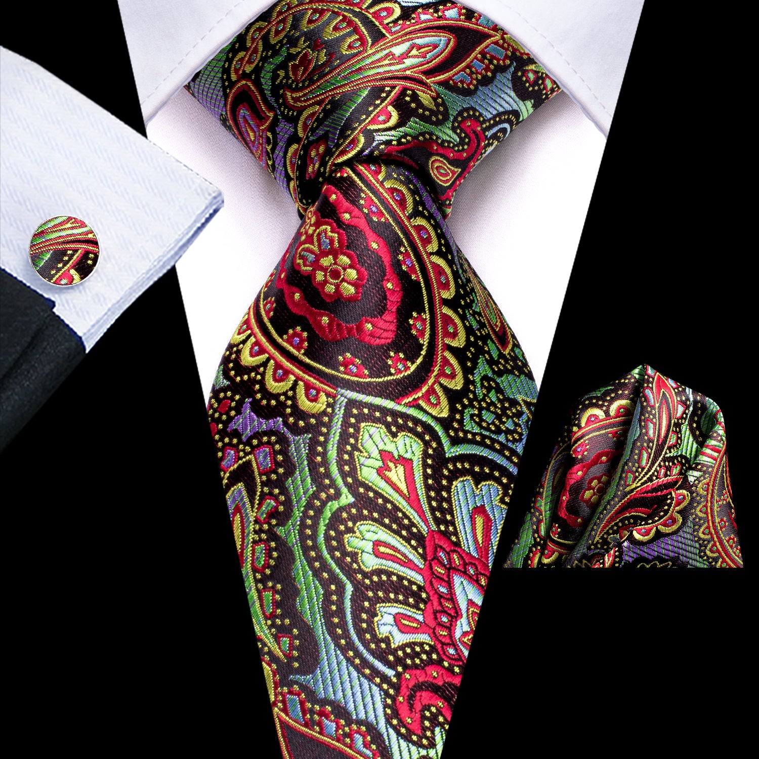 Men's Silk Tie Colorful Paisley Tie Pocket Square Cufflinks Set