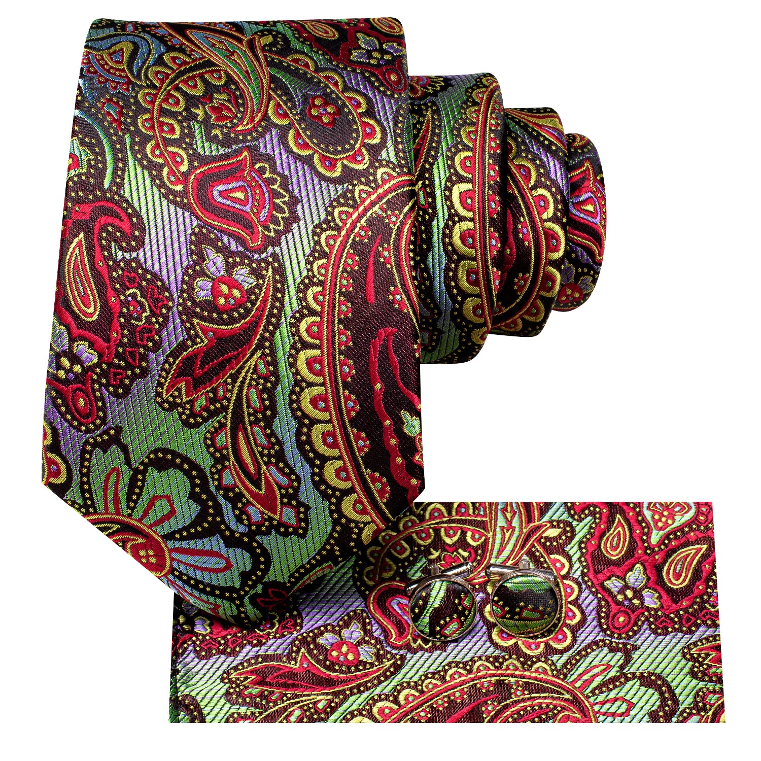 Colorful Paisley Tie Pocket Square Cufflinks Set
