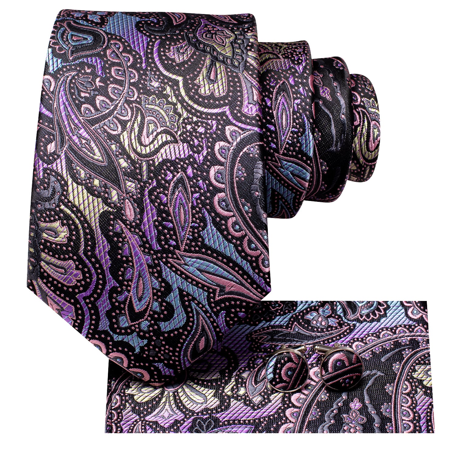 Purple Blue Yellow Paisley Tie Pocket Square Cufflinks Set