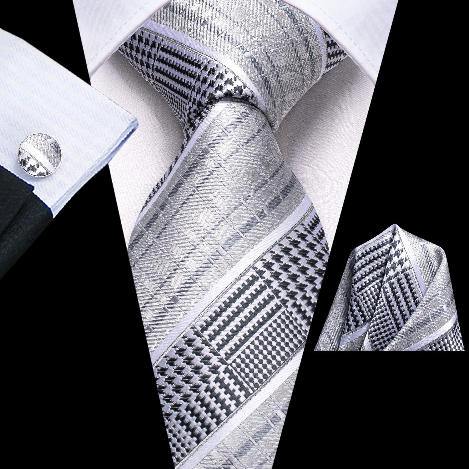 Grey Black Strip Novelty Tie Pocket Square Cufflinks Set