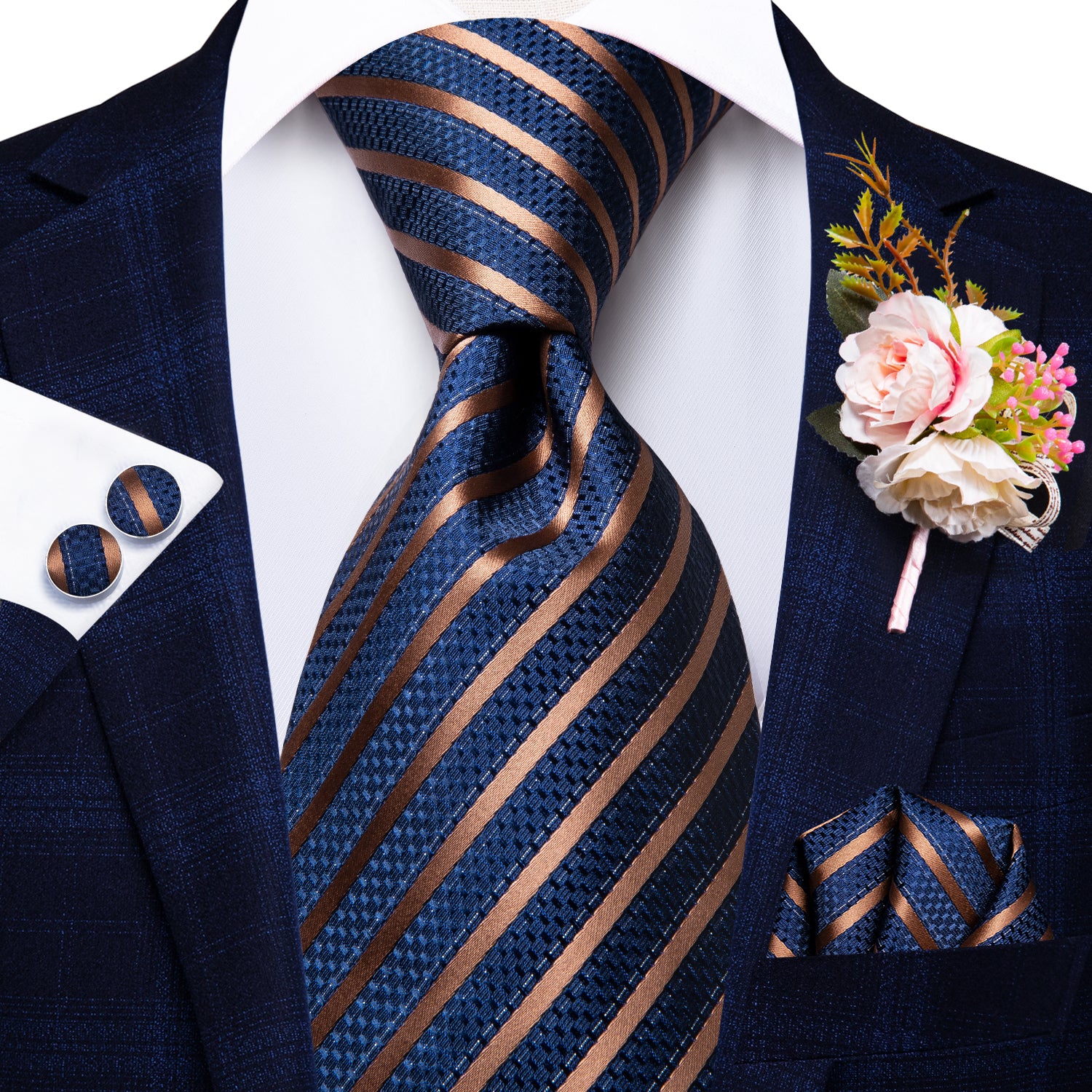 Blue Gold Striped Tie Handkerchief Cufflinks Set with Wedding Brooch