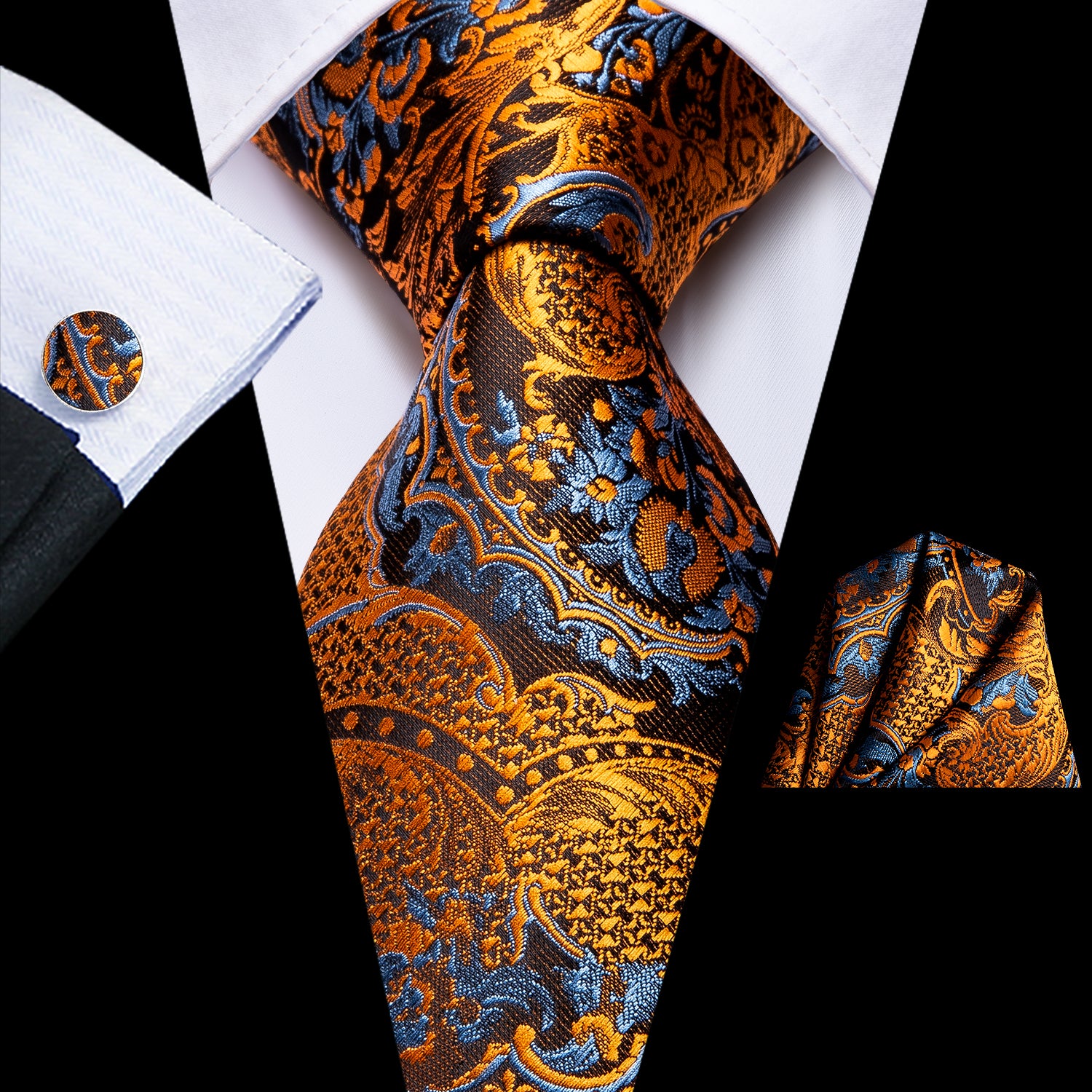 Gold LightCyan Paisley Tie Pocket Square Cufflinks Set