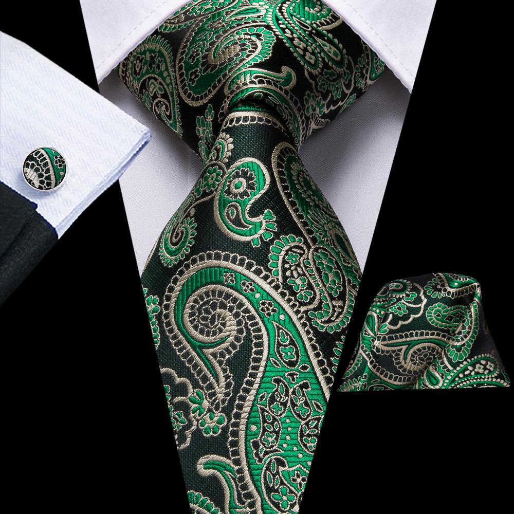 Black Green Paisley Silk Necktie Pocket Square Cufflinks Set