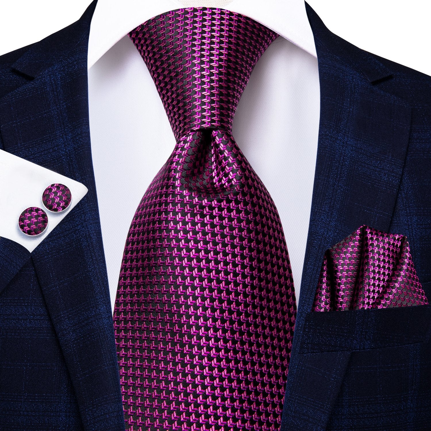 Purple Houndstooth Tie Handkerchief Cufflinks Set with Wedding Brooch