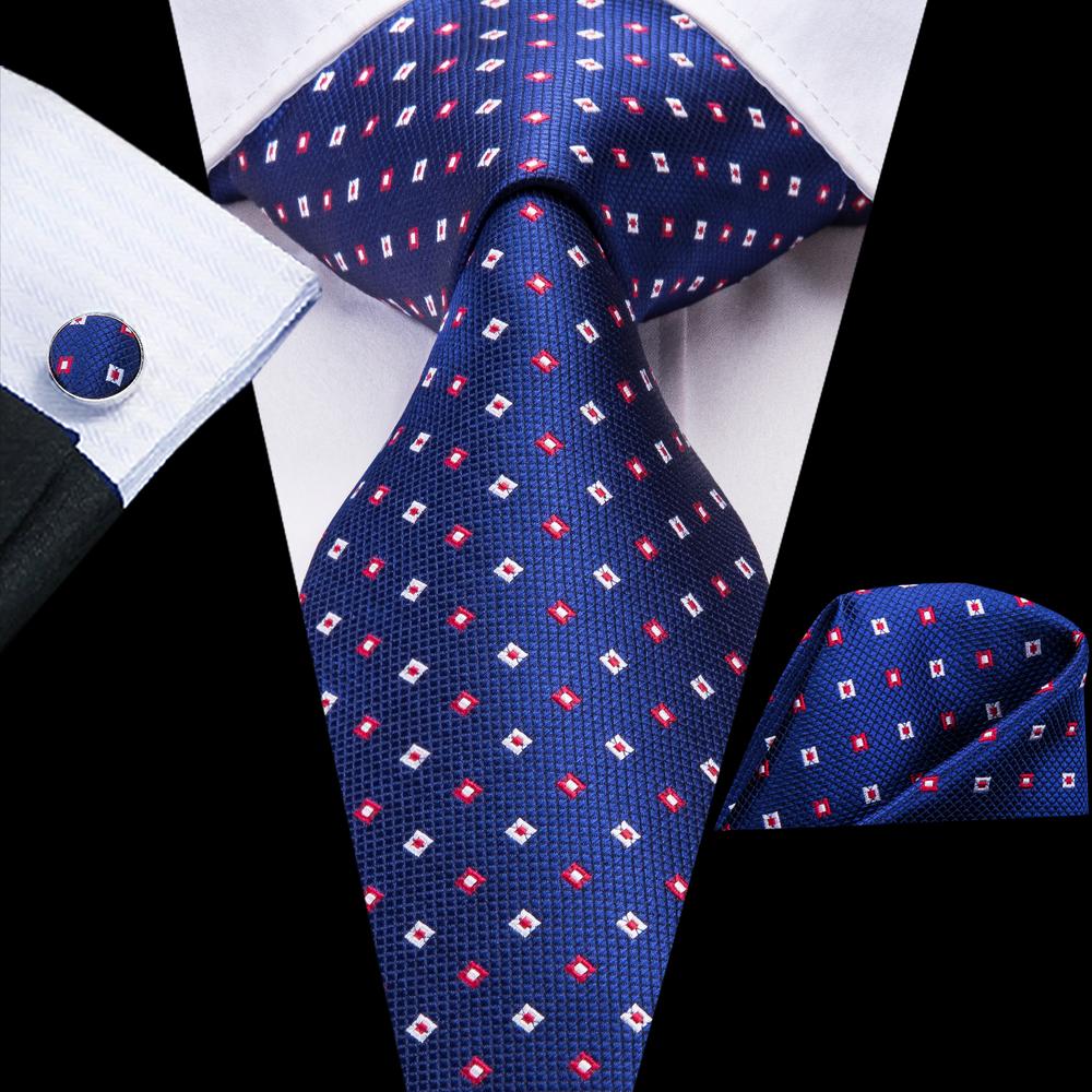 Blue Geometric Necktie Pocket Square Cufflinks Set