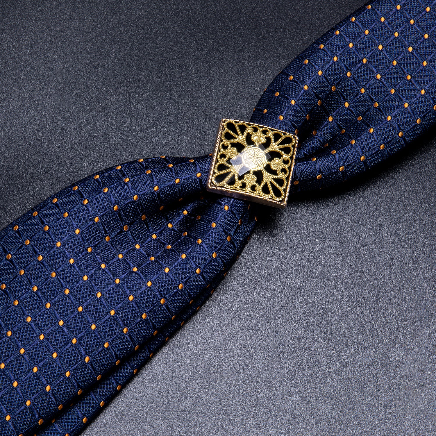 Deep Blue Plaid Poirot Tie Ring Pocket Square Cufflinks Set
