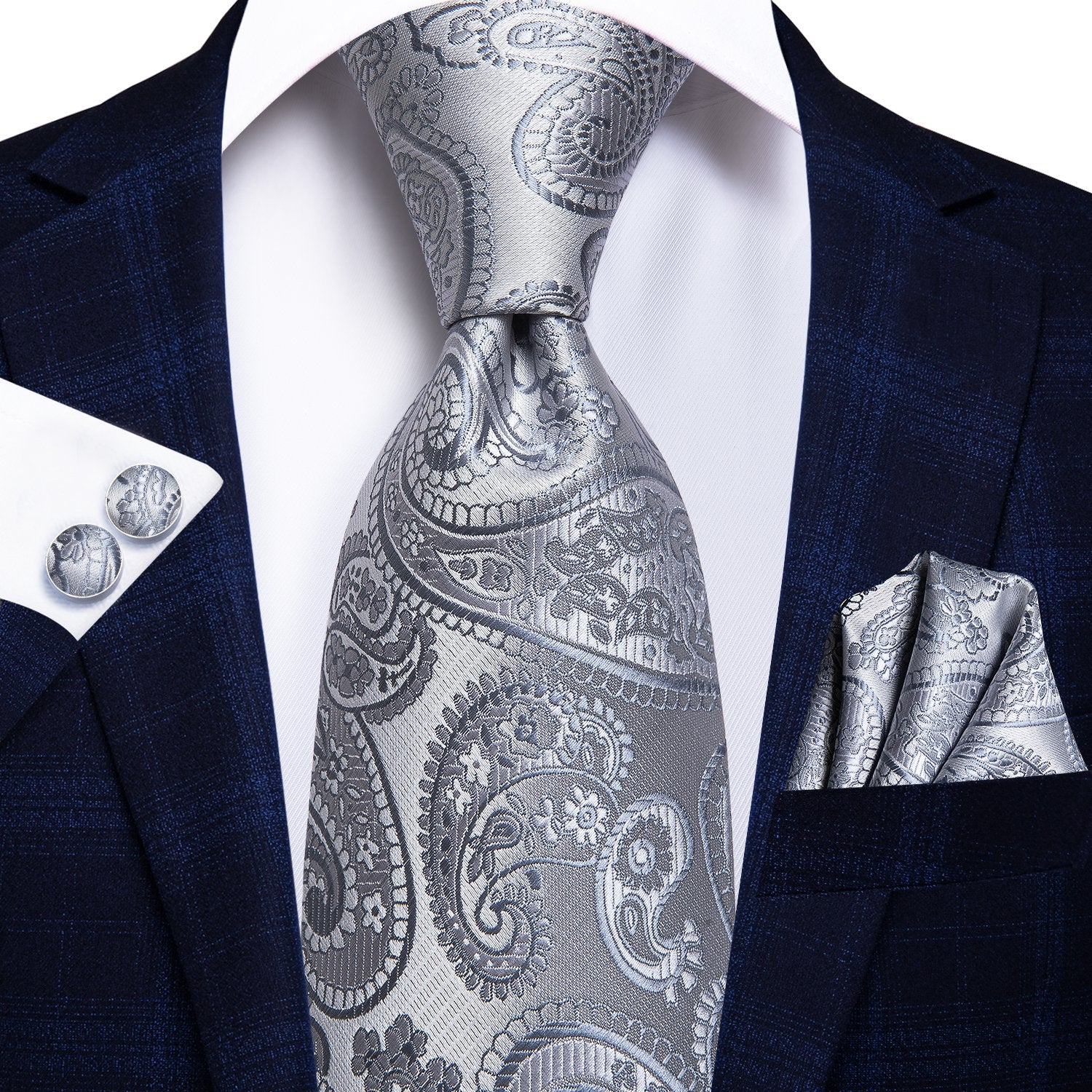 Hi-Tie Necktie Grey Paisley Men's Tie Pocket Square Cufflinks Set