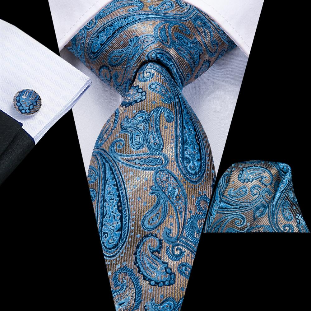 Hi-Tie Blue Tan Paisley Tie Pocket Square Cufflinks Set