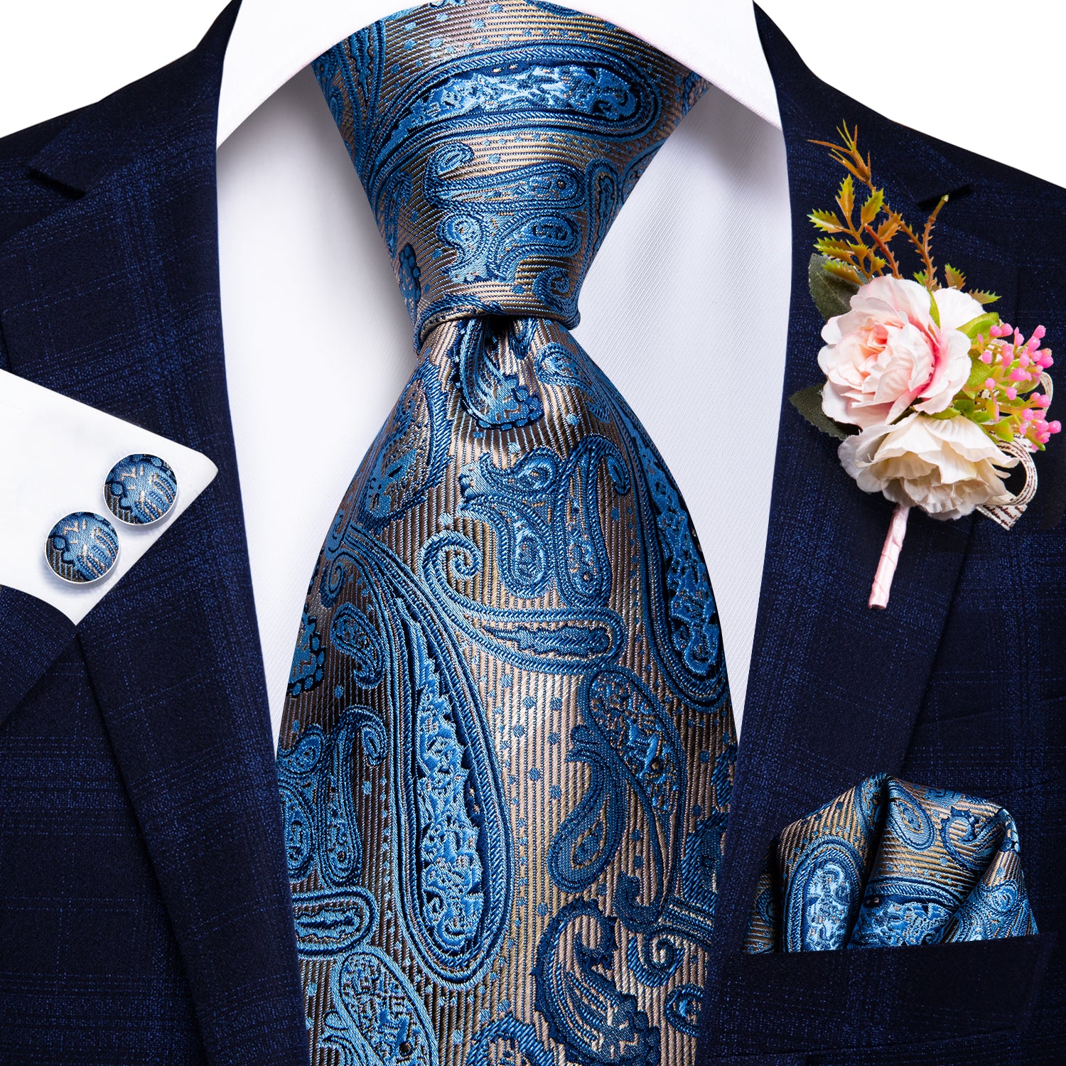 Must-Have Brown Blue Paisley Tie Handkerchief Cufflinks Set with Wedding Brooch