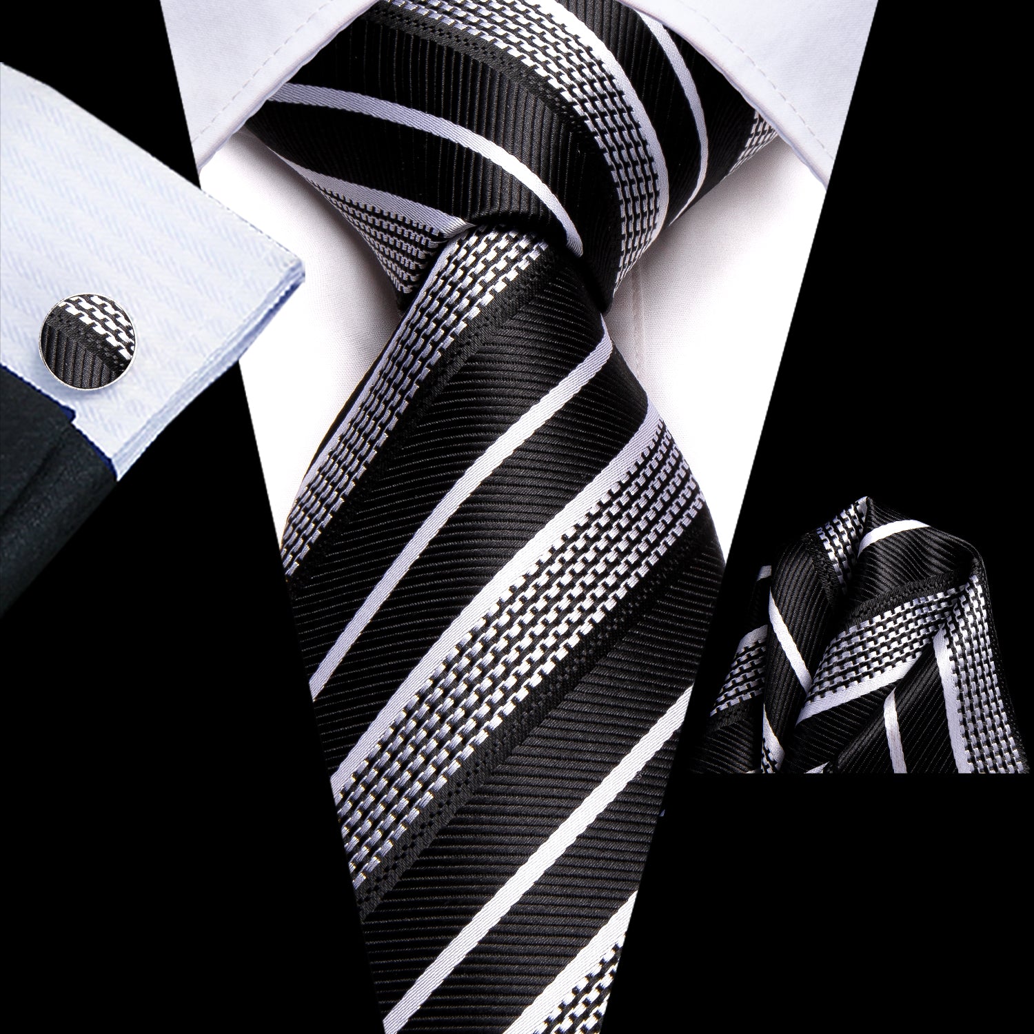 Black White Strip Necktie Pocket Square Cufflinks Set