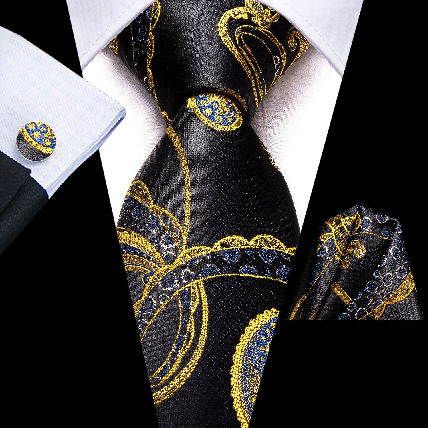 Black Golden Blue Floral Necktie Pocket Square Cufflinks Set