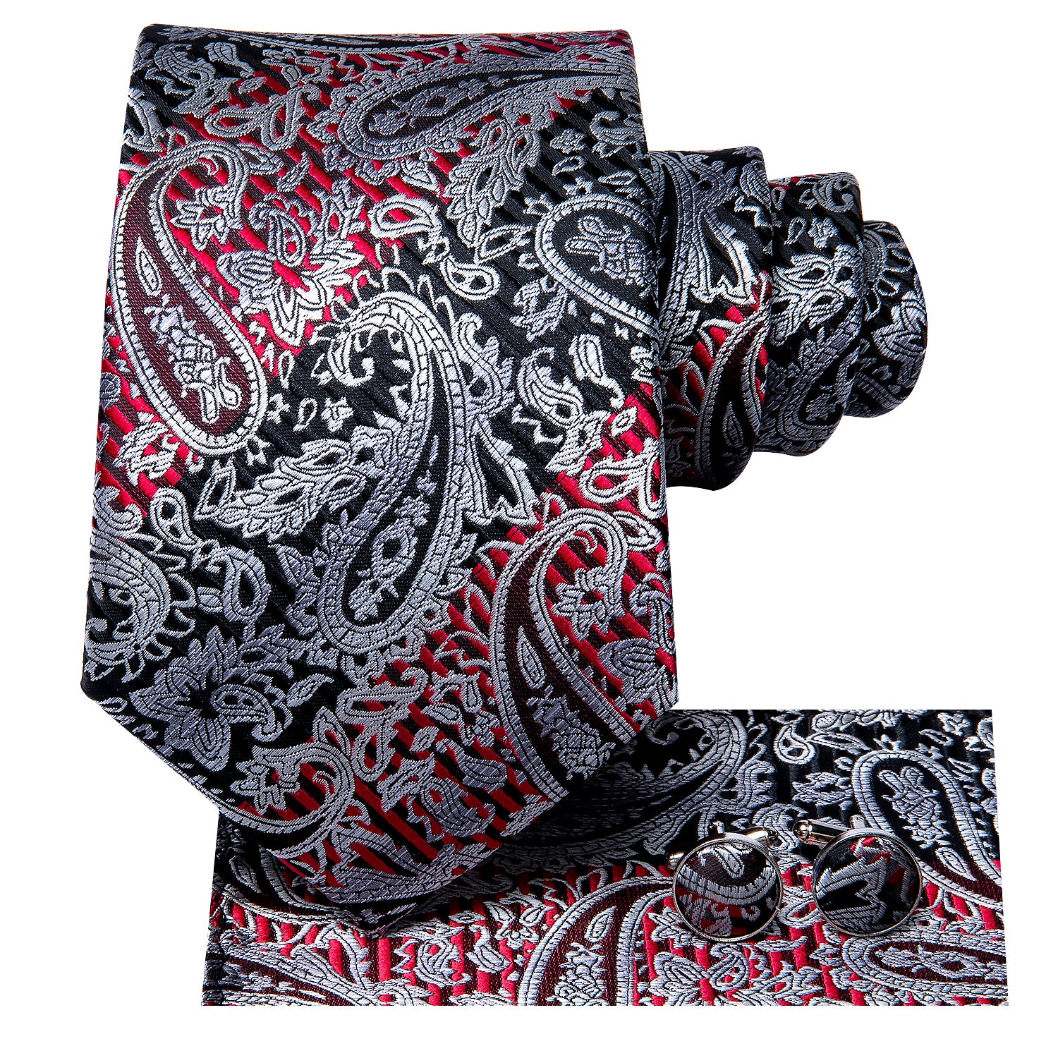 Silver Black Paisley Tie Handkerchief Cufflinks Set with Wedding Brooch