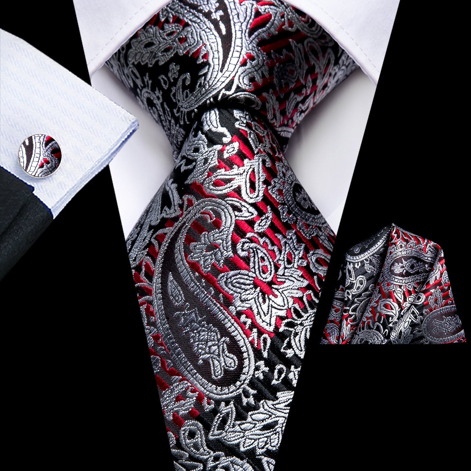 Black Slive Red Paisley necktie
