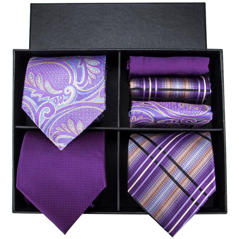 Purple Paisley Striped Silk Men's Tie Pocket Square Cufflinks Gift Box Set