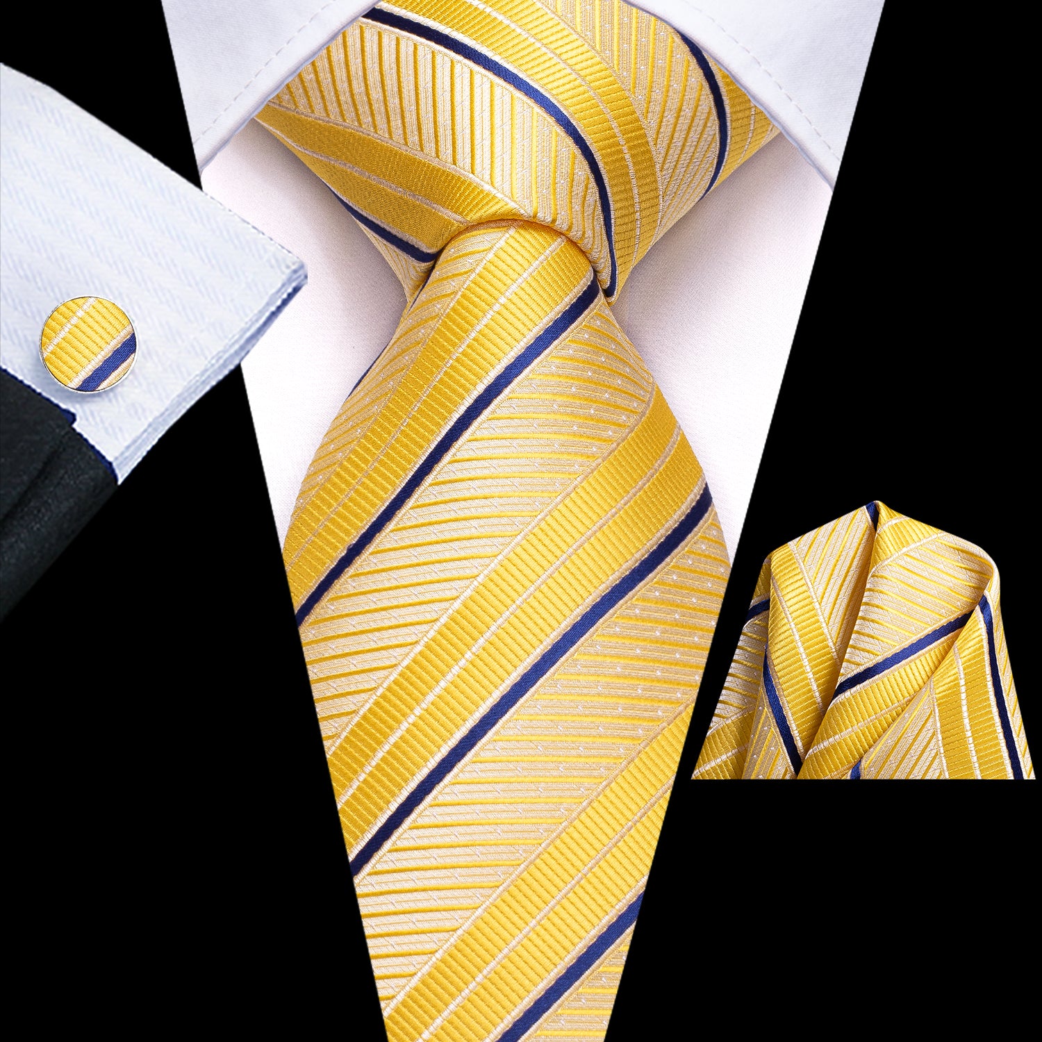 Yellow Blue Strip Tie Pocket Square Cufflinks Set
