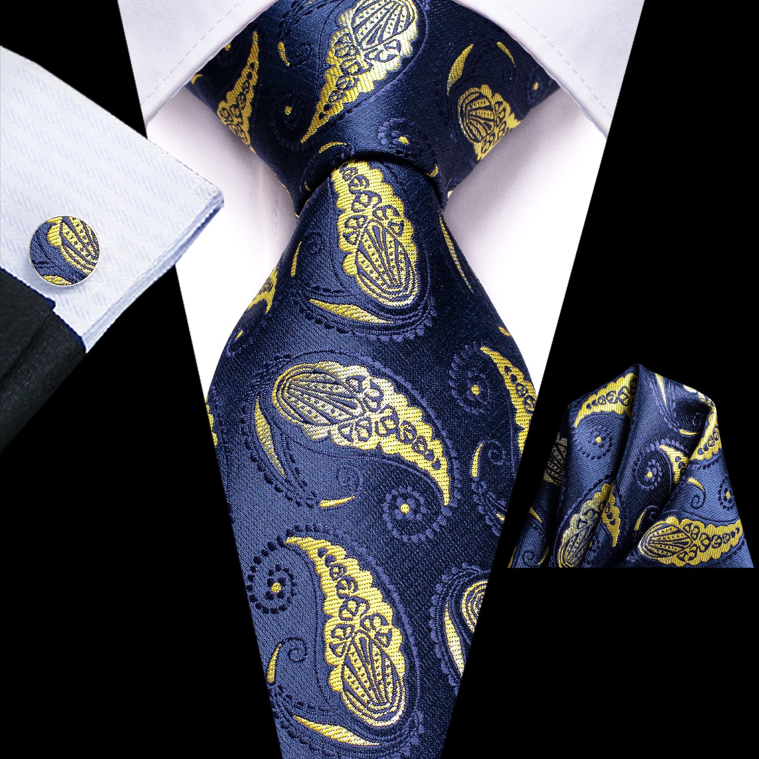 Blue Yellow Paisley Tie Pocket Square Cufflinks Set