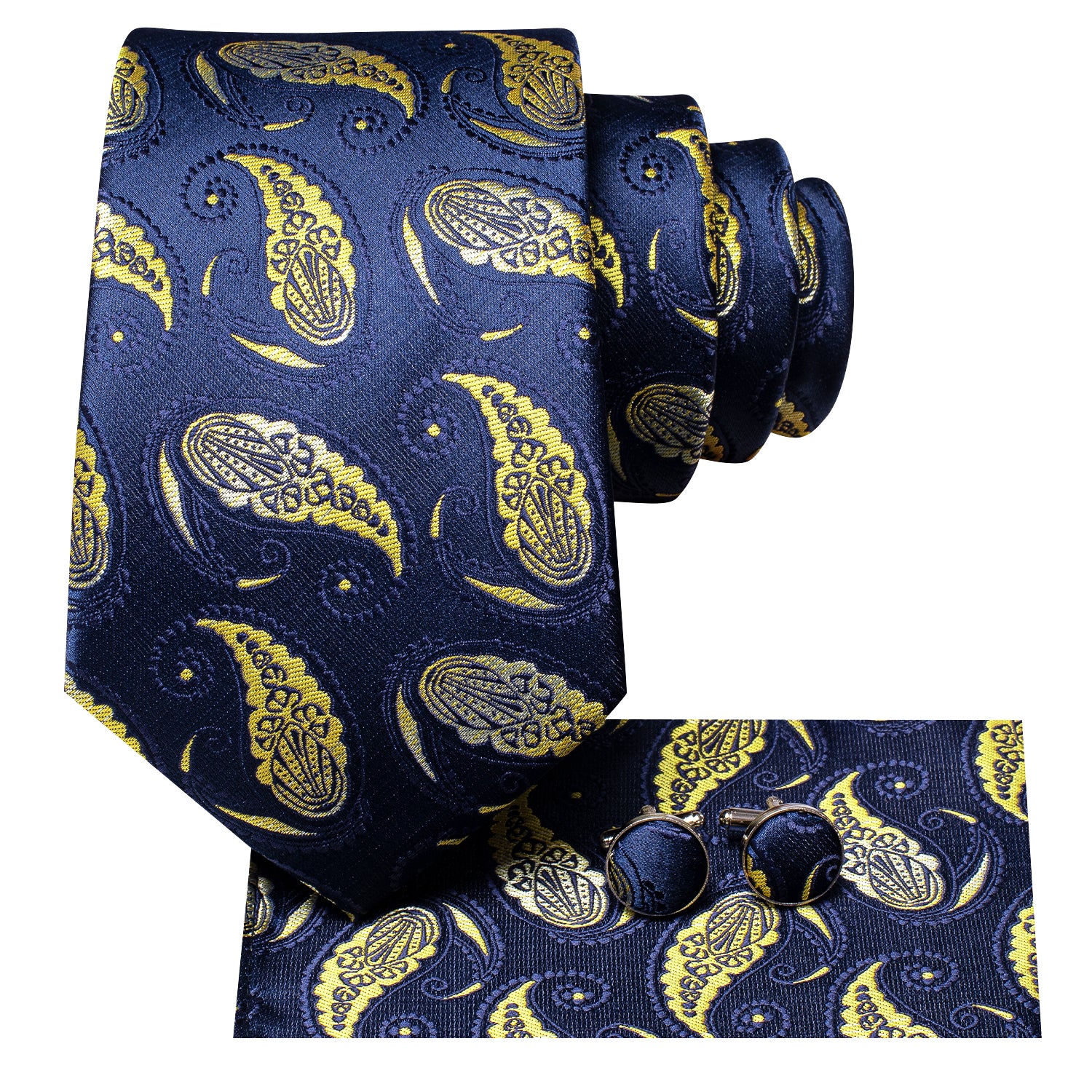 Blue Yellow Paisley Tie Pocket Square Cufflinks Set