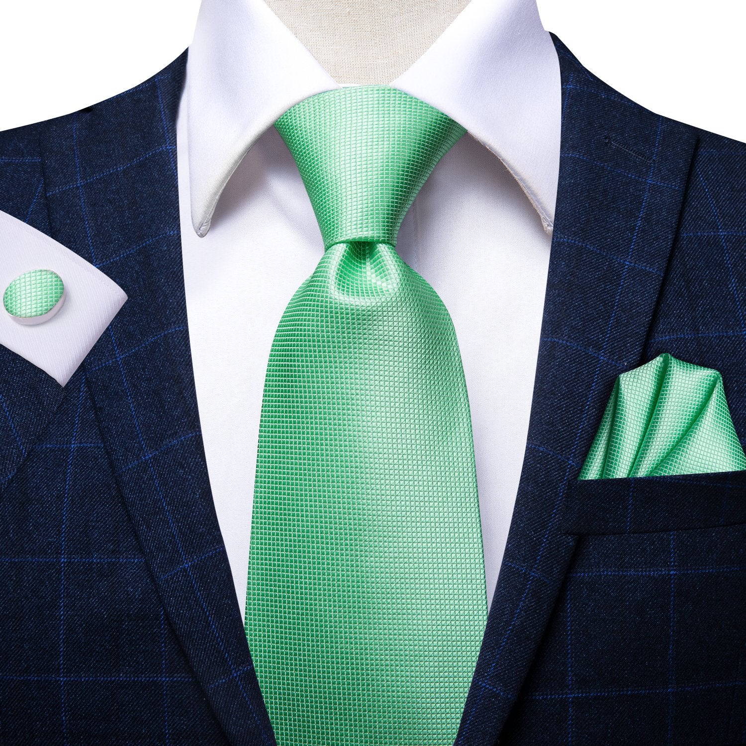 Mint Green Solid Tie Pocket Square Cufflinks Set with Brooch