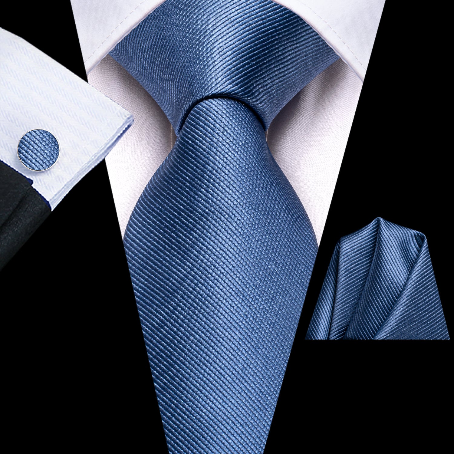 Dusty Blue Solid Tie Pocket Square Cufflinks Set