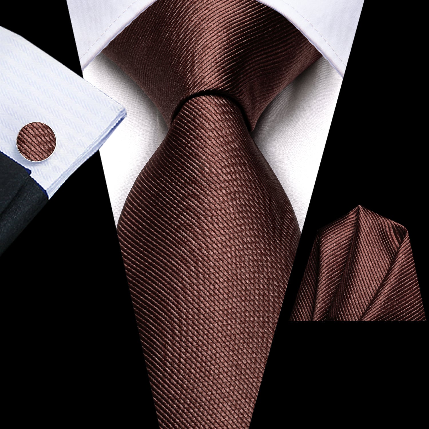 Brown Solid Tie Pocket Square Cufflinks Set