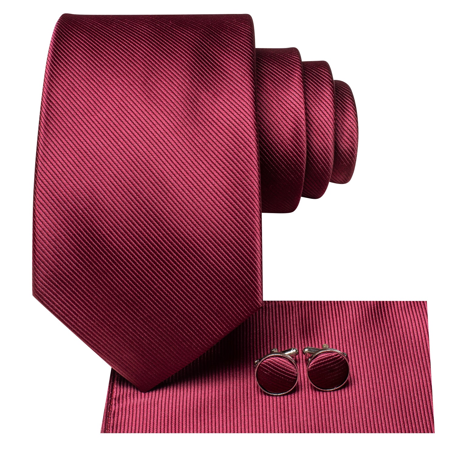 Burgundy Red Solid Tie Pocket Square Cufflinks Set