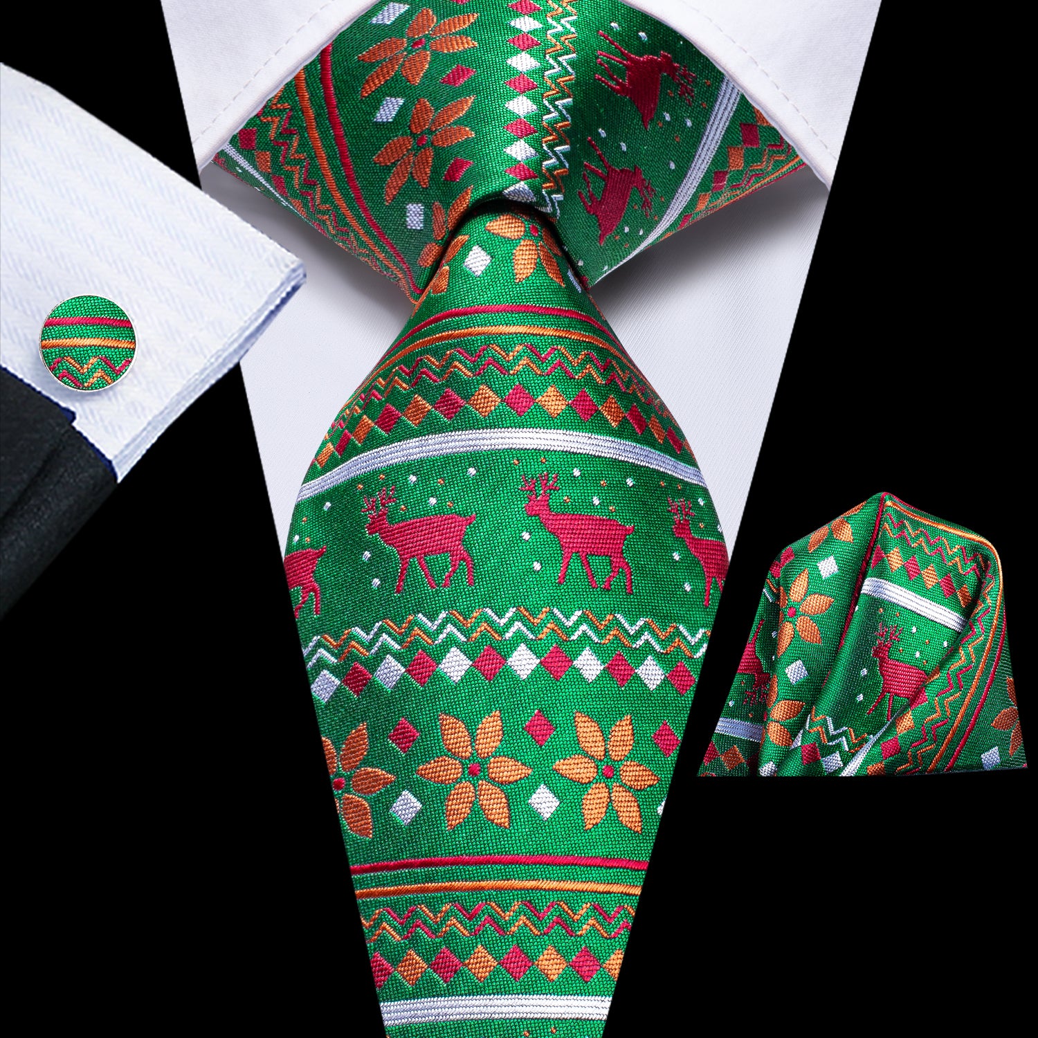 Green Red Orange Novelty Christmas Necktie Pocket Square Cufflinks Set