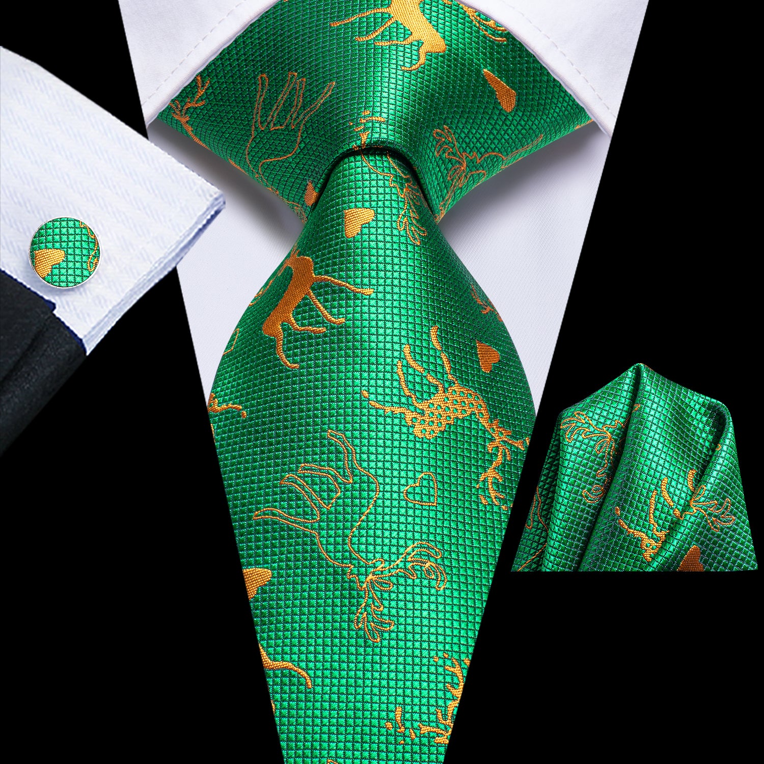 Green Golden Elk Christmas Necktie Pocket Square Cufflinks Set