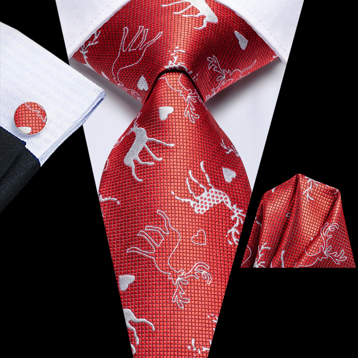 Red White Elk Christmas Necktie Pocket Square Cufflinks Set