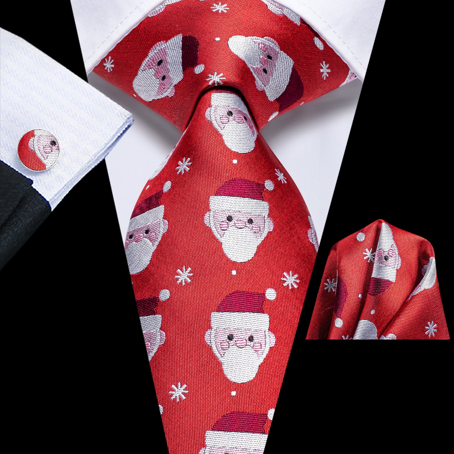 Red Santa Novelty Christmas Necktie Pocket Square Cufflinks Set